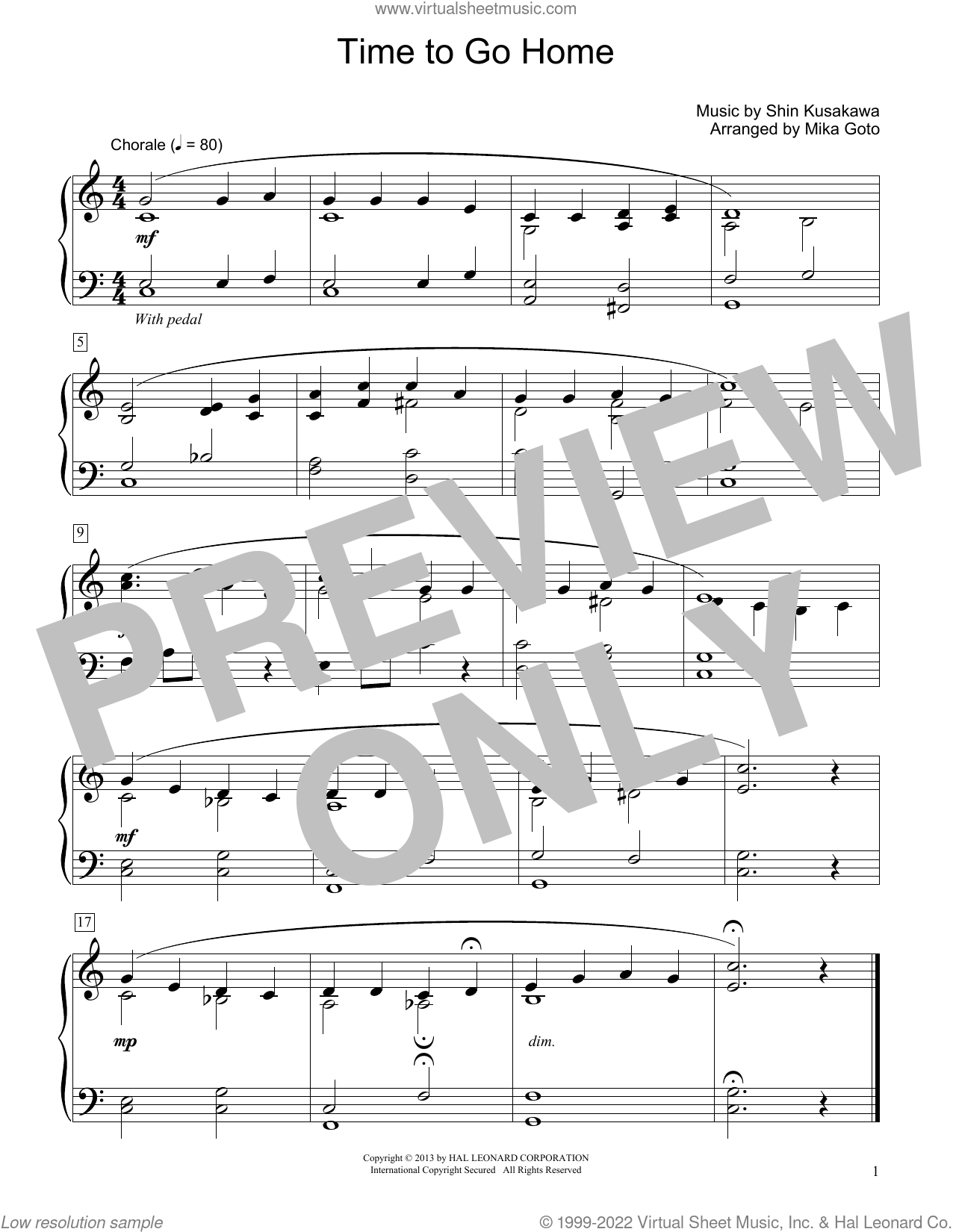 Time To Go Home (arr. Mika Goto) sheet music for piano solo (elementary)
