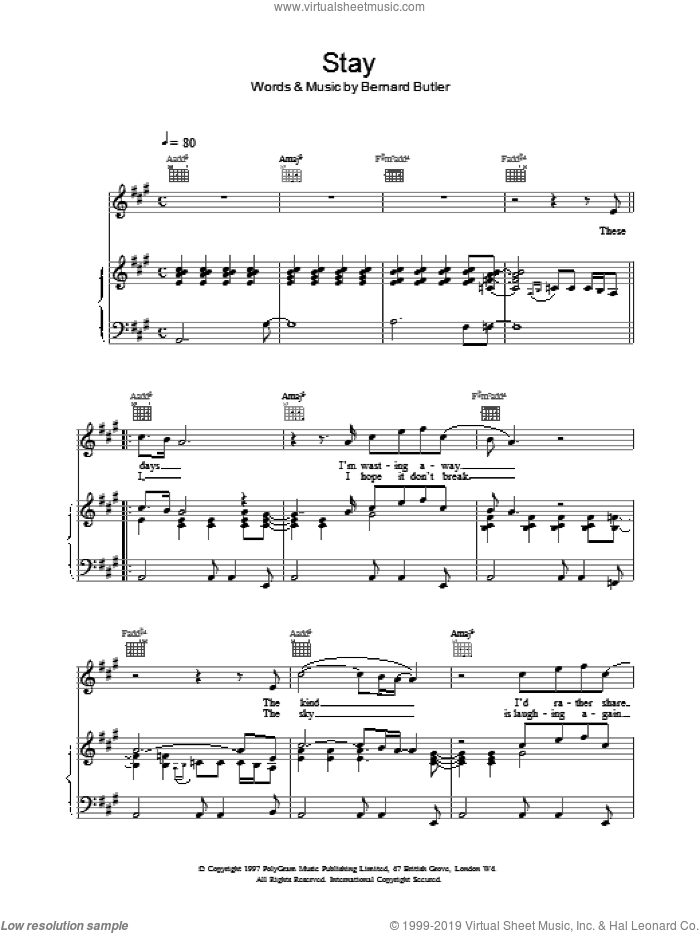 Bernard Butler: Stay sheet music for voice, piano or guitar (PDF)