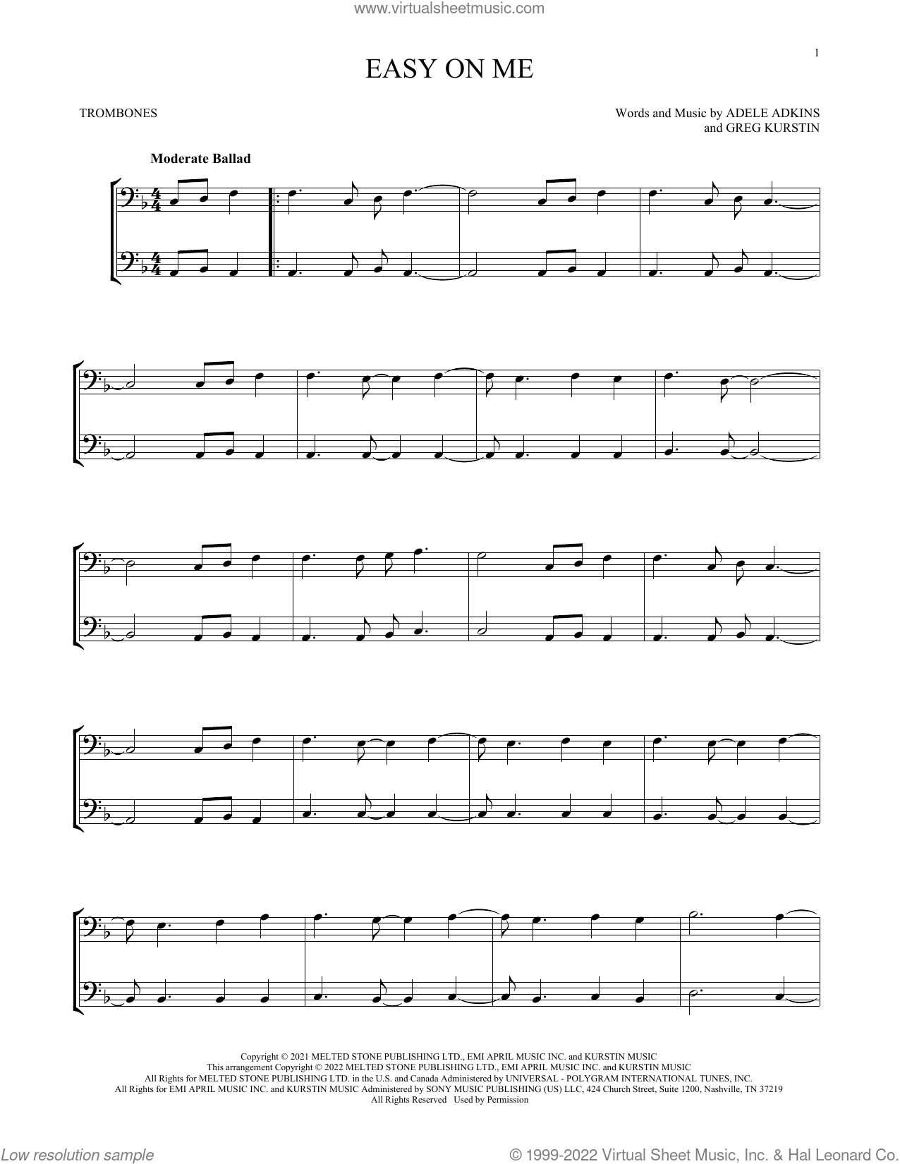 Easy On Me sheet music for two trombones (duet, duets) (PDF)