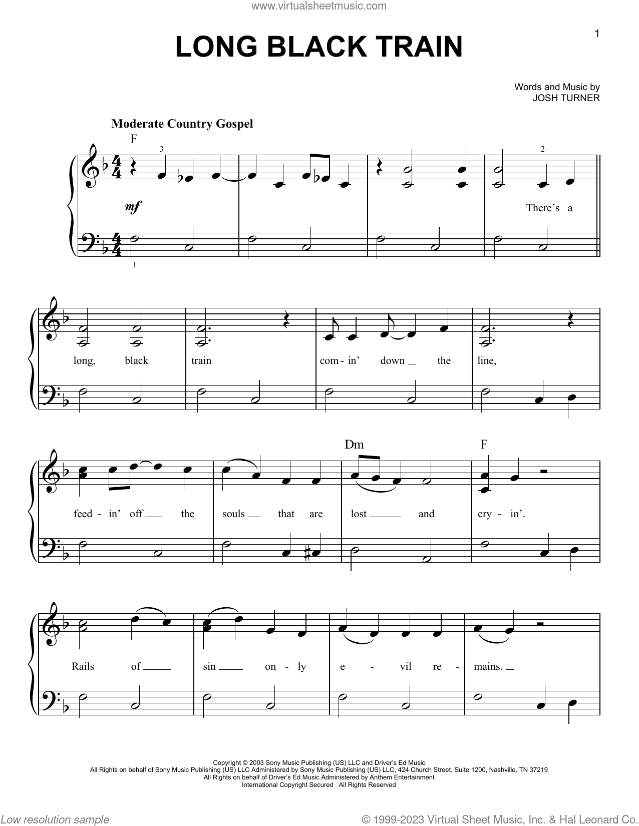 Long Black Train, (beginner) sheet music for piano solo (PDF)