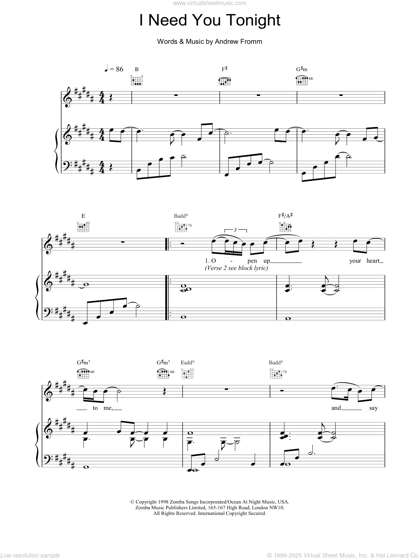 I Need You Tonight sheet music for voice, piano or guitar (PDF)