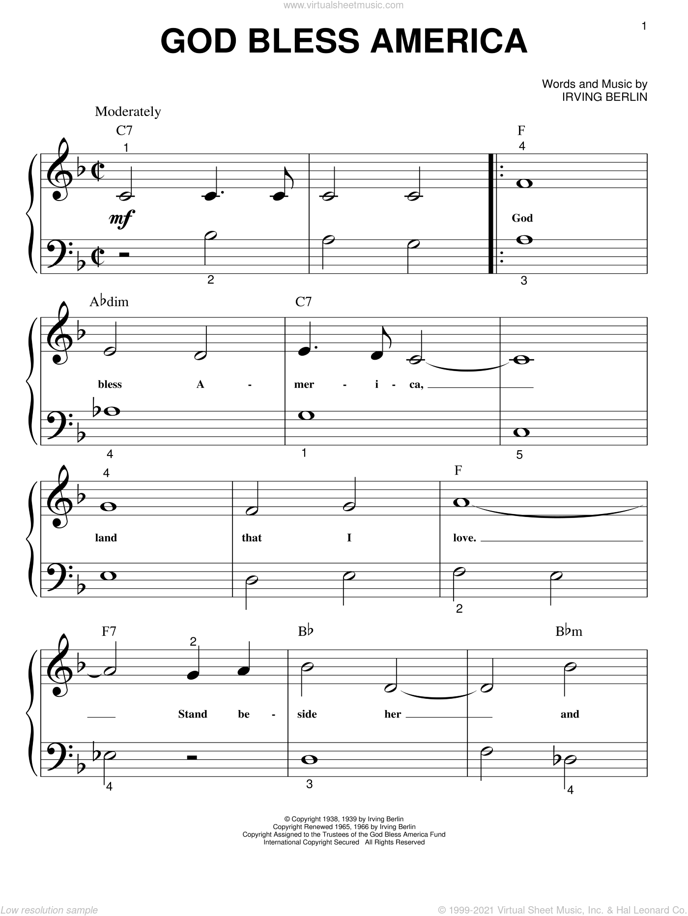 Free sheet music preview of God Bless America for piano solo (big note book...