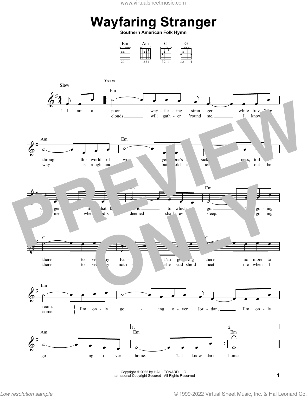 Permanent royalty klynke Wayfaring Stranger sheet music (easy) for guitar solo (chords)