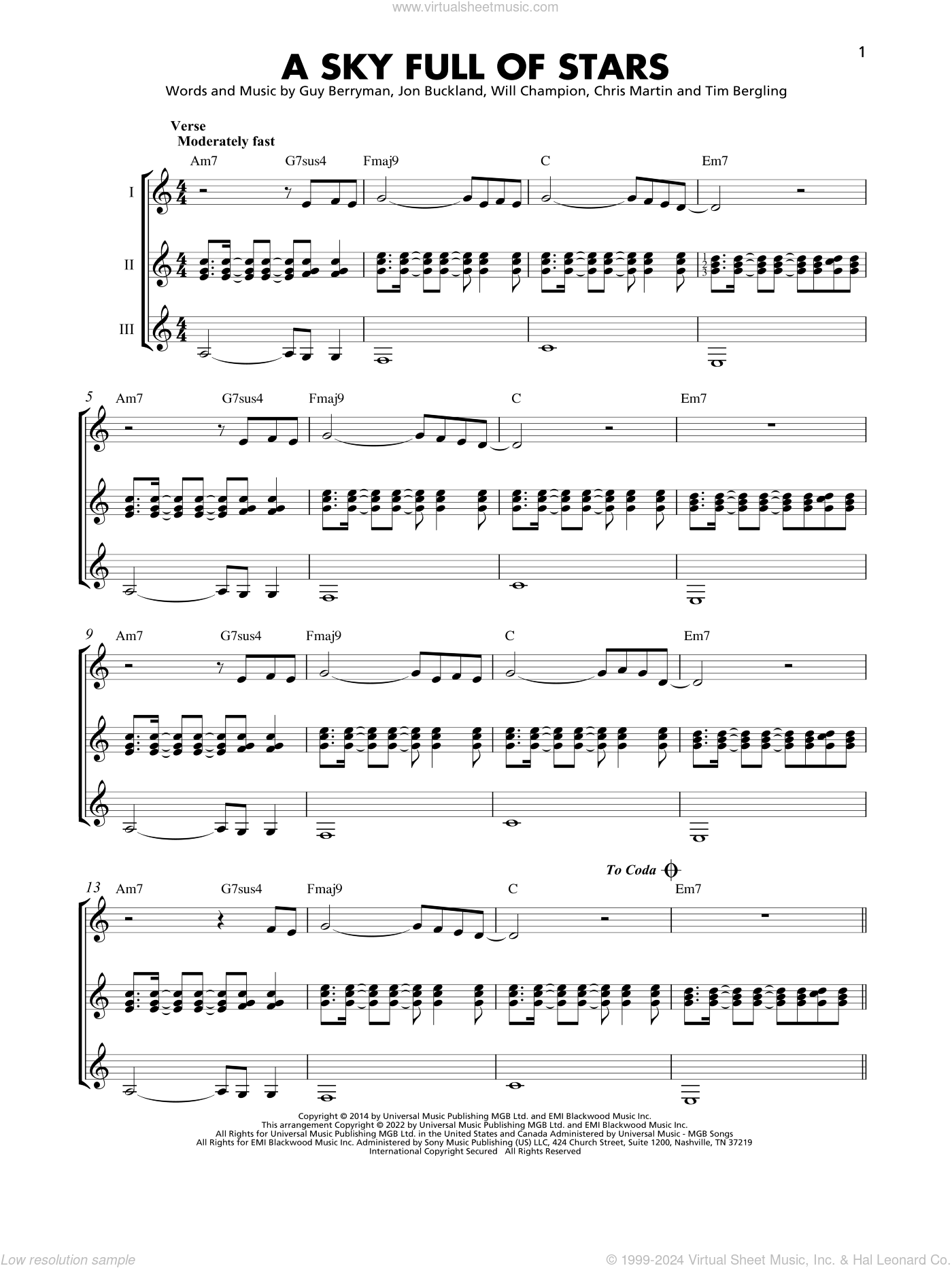 A Sky Full Of Stars sheet music for guitar ensemble (PDF)