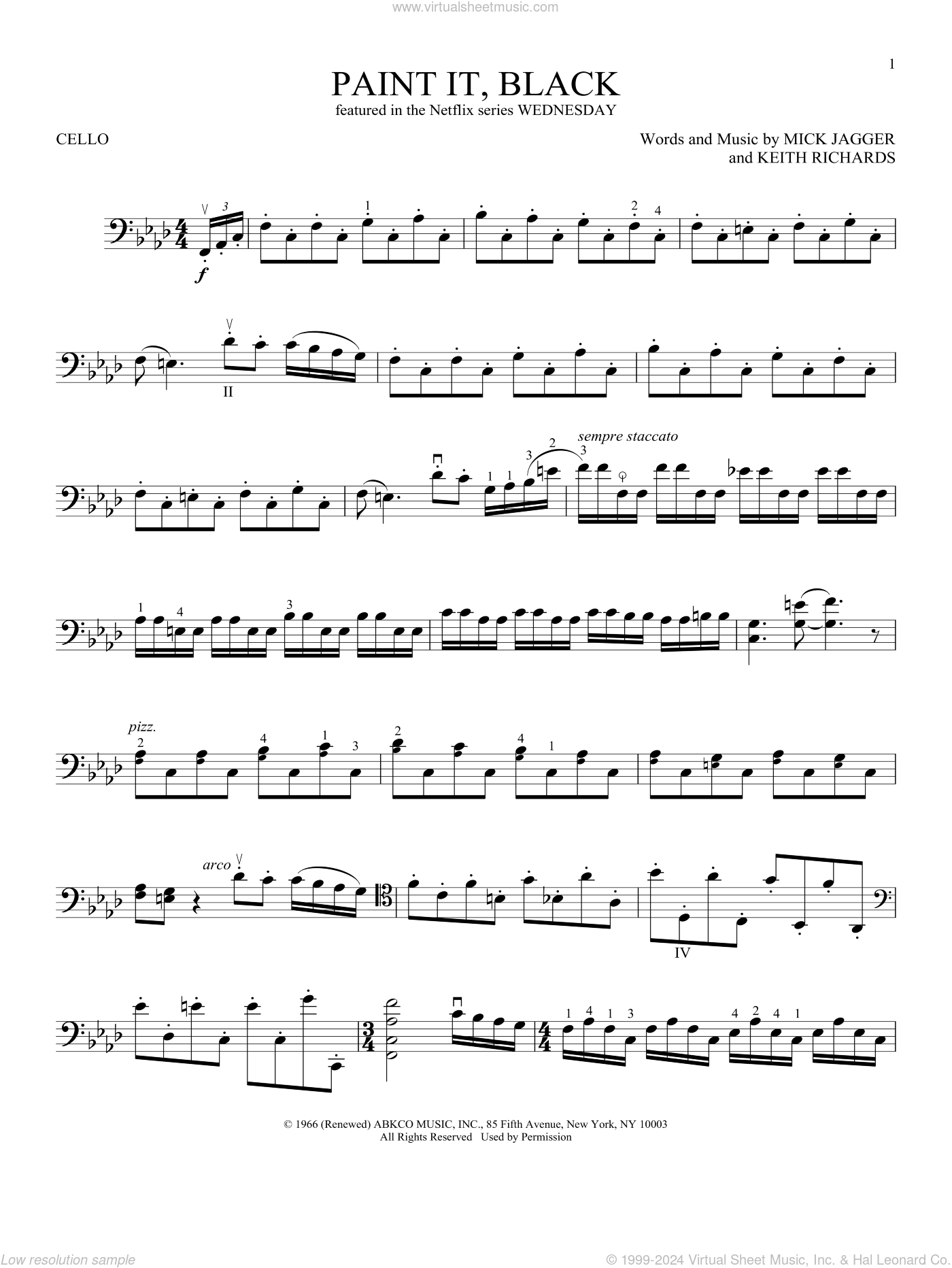 Paint It, Black (from Wednesday) sheet music for cello solo (PDF)