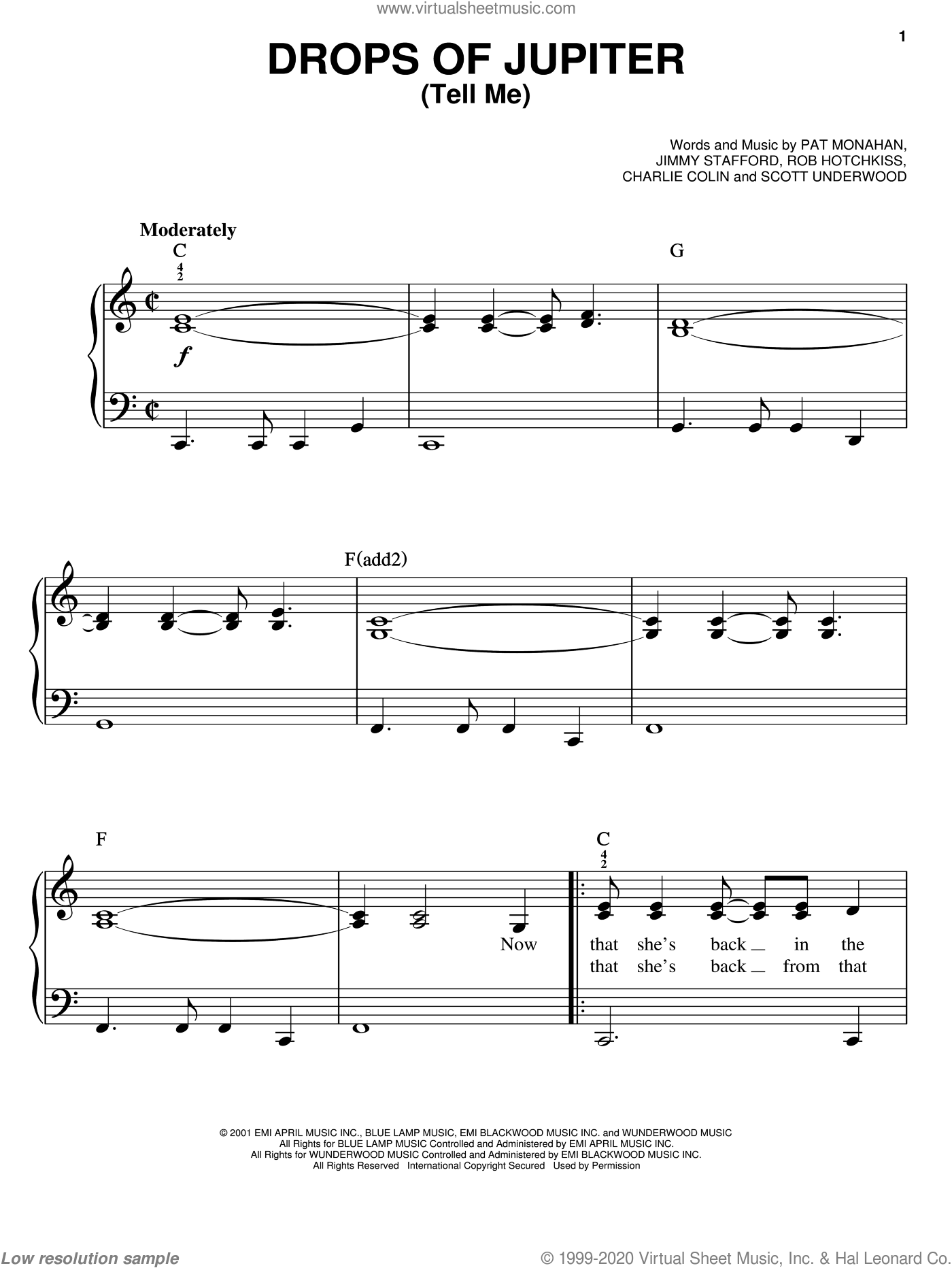 Train - Drops Of Jupiter (Tell Me), (easy) sheet music for piano solo