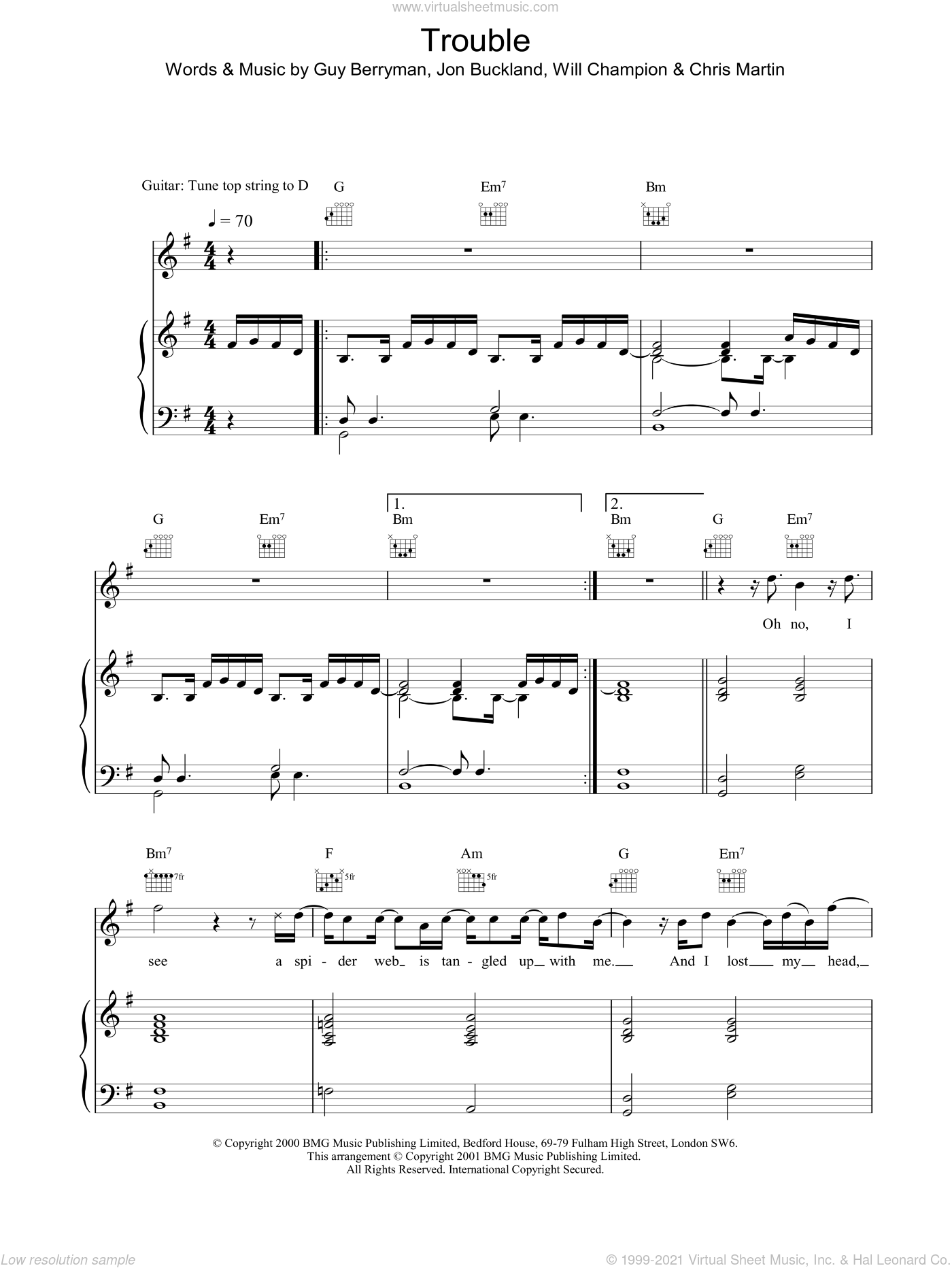 Coldplay - Trouble sheet music for voice, piano or guitar [PDF]