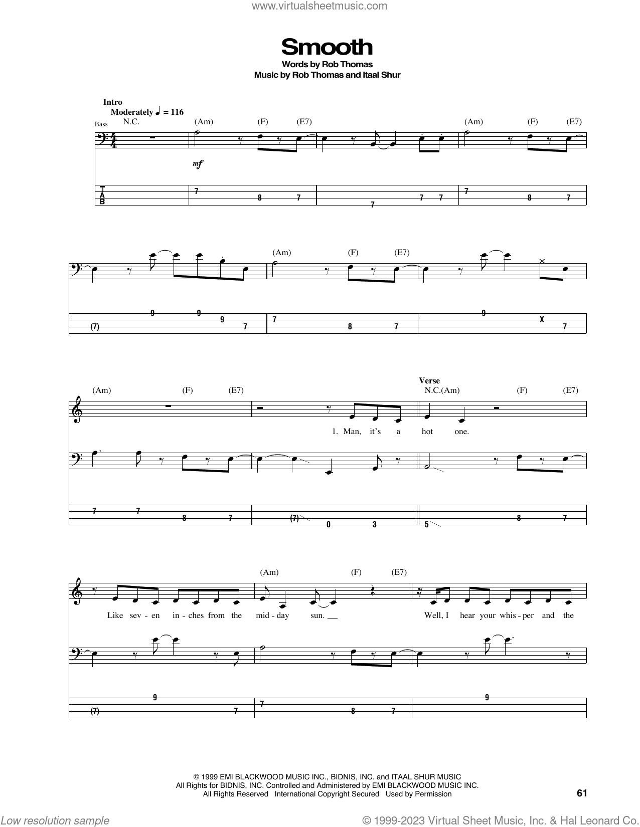 Smooth (feat. Rob Thomas) sheet music for bass (tablature) (bass