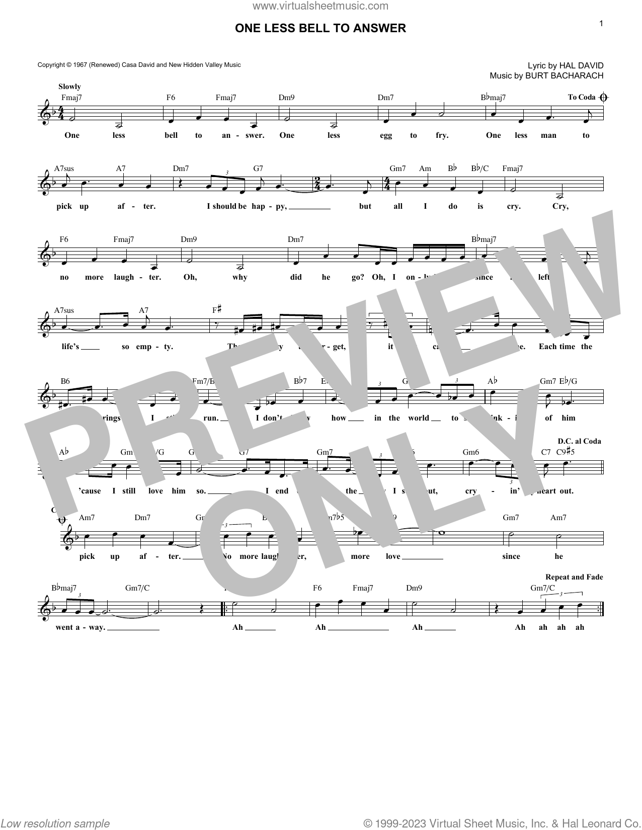 One Less Bell To Answer sheet music (fake book) (PDFinteractive)