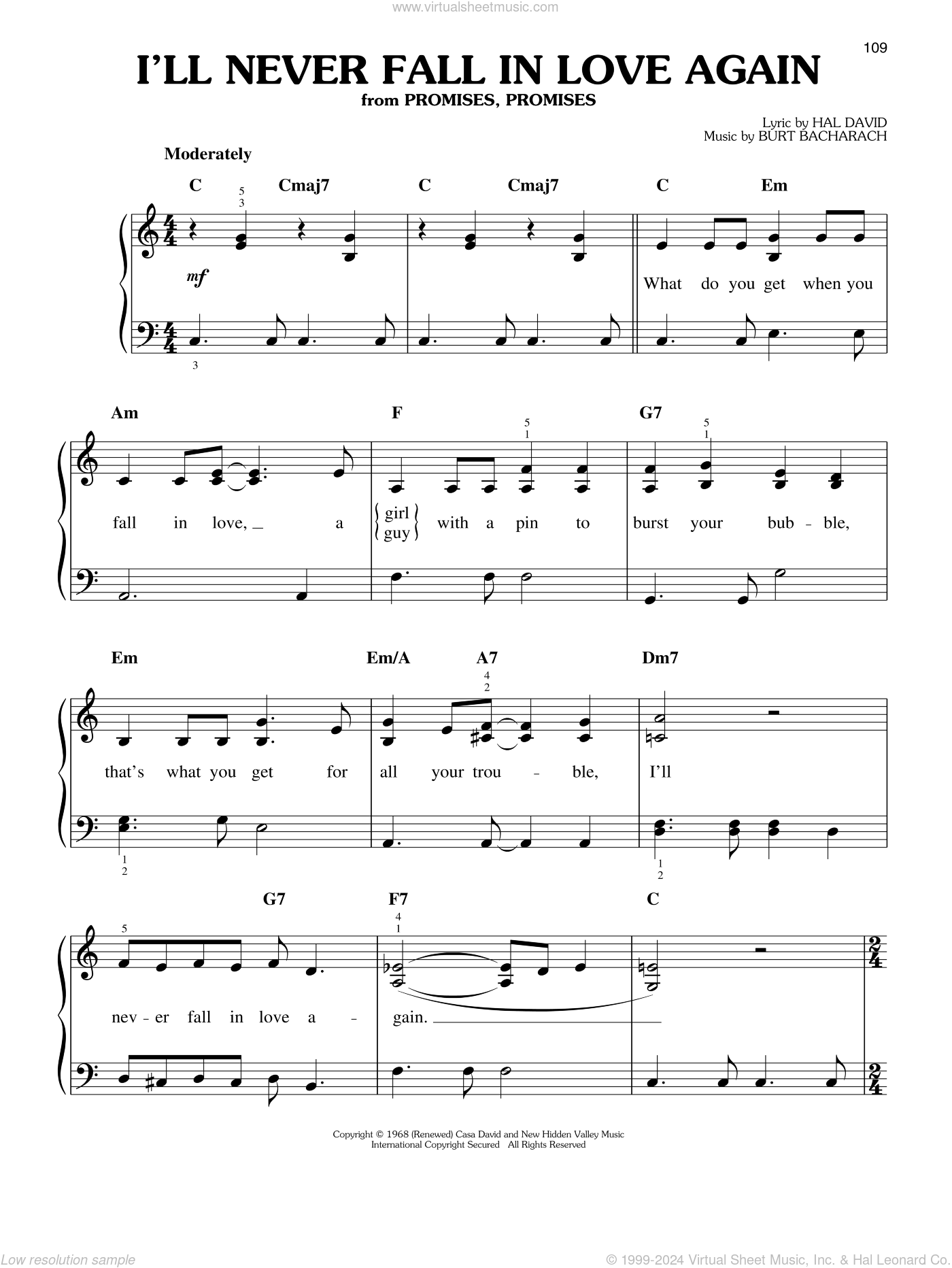I'll Never Fall In Love Again sheet music (easy) for piano solo - Angel I Ll Never Fall In Love Again