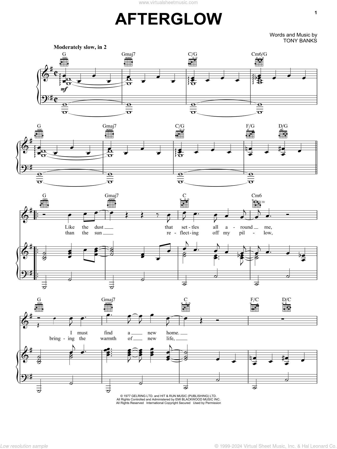 Genesis: Afterglow sheet music for voice, piano or guitar (PDF)