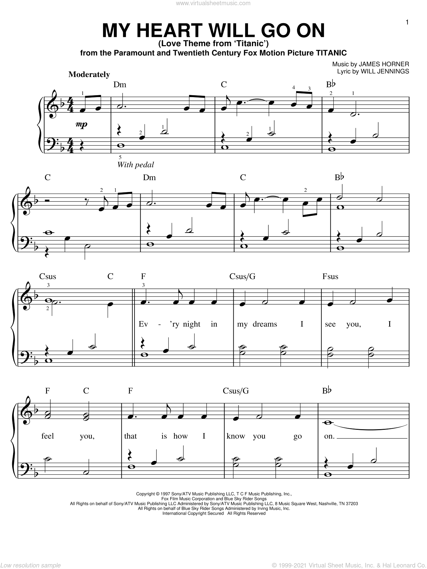 My Heart Will Go On (Love Theme from Titanic), (easy) sheet music for piano  solo