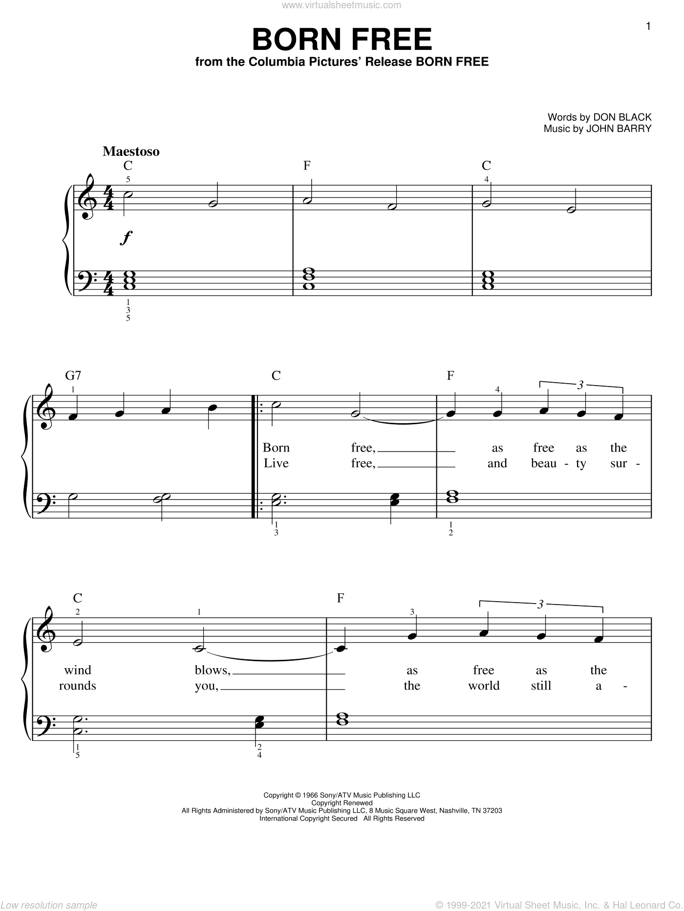 Barry Born Free, (easy) sheet music for piano solo (PDF)