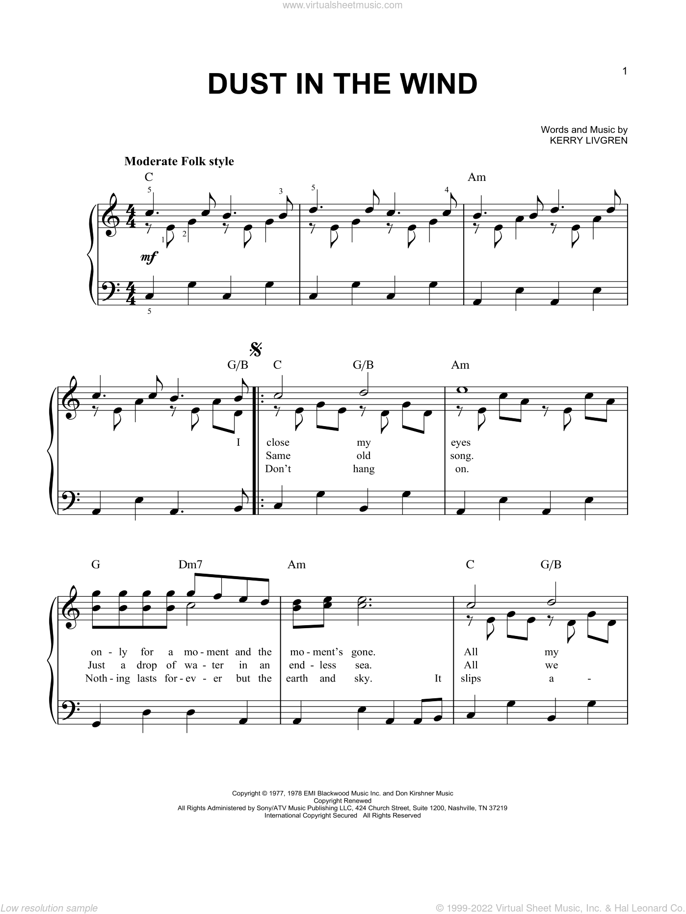 Dust In The Wind, (Easy) Sheet Music For Piano Solo (PDF)