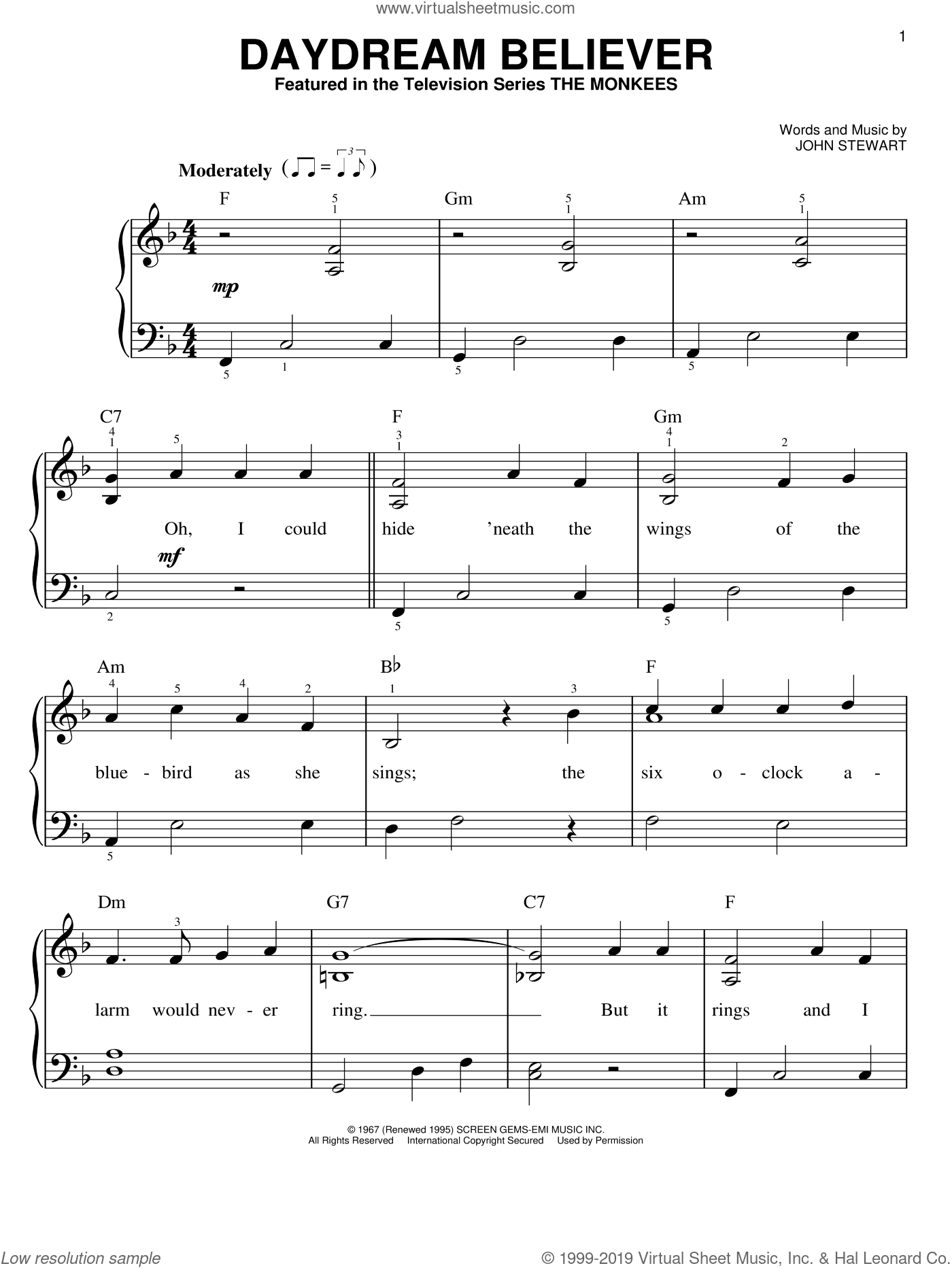 Monkees Daydream Believer Sheet Music For Piano Solo Pdf