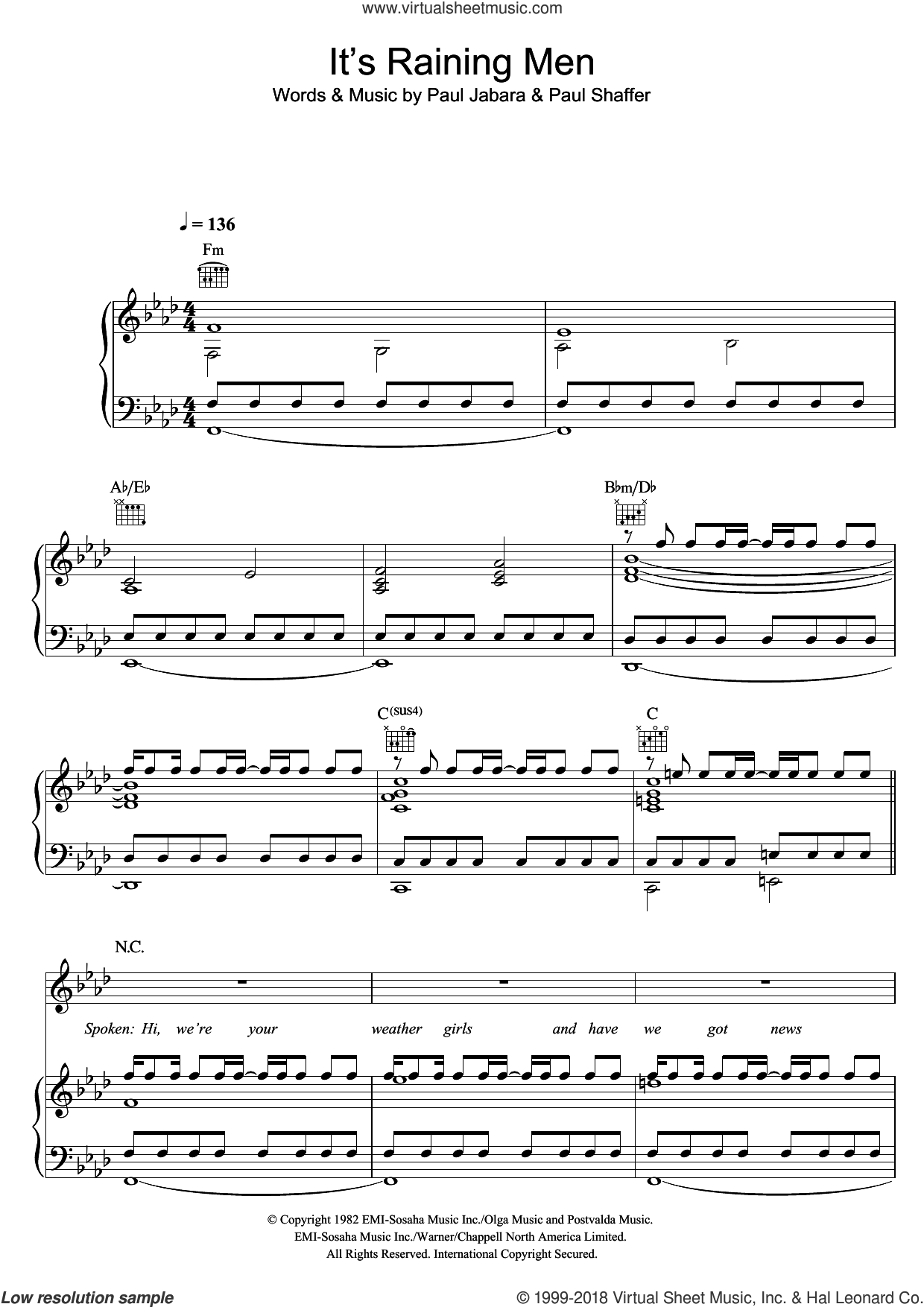 Halliwell It's Raining Men sheet music for voice, piano