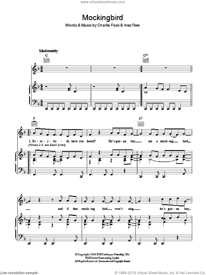 Aretha Franklin Mockingbird sheet music for voice, piano or guitar