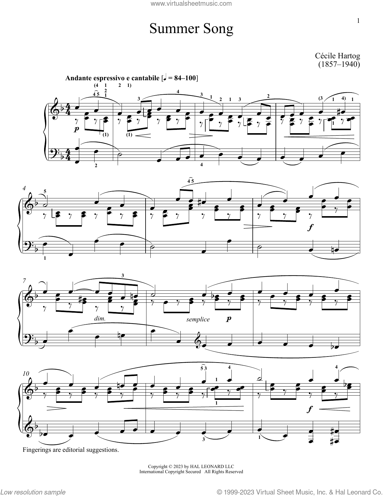 Summer Song sheet music for piano solo (PDF)