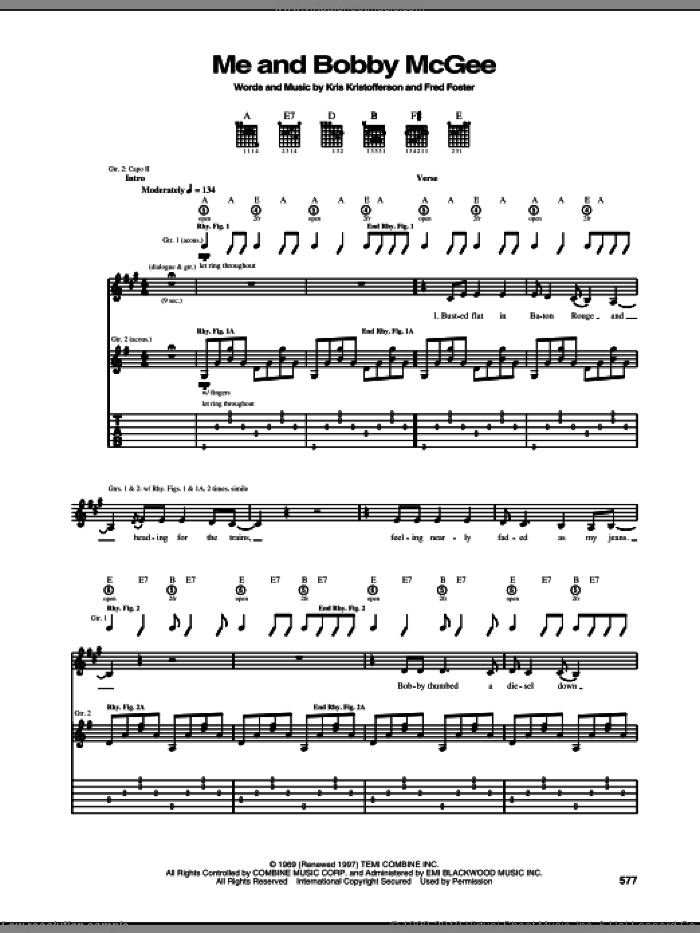 Kristofferson Me And Bobby Mcgee Sheet Music For Guitar Tablature