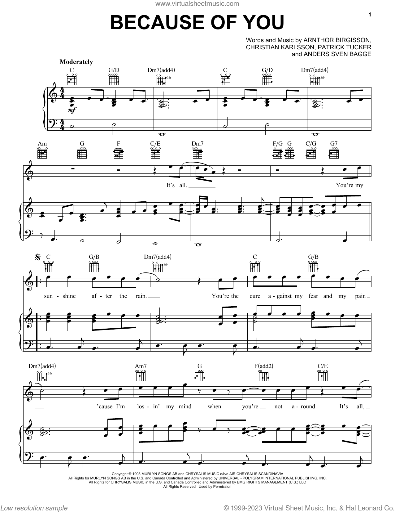 98 Degrees: Because Of You sheet music for voice, piano or guitar