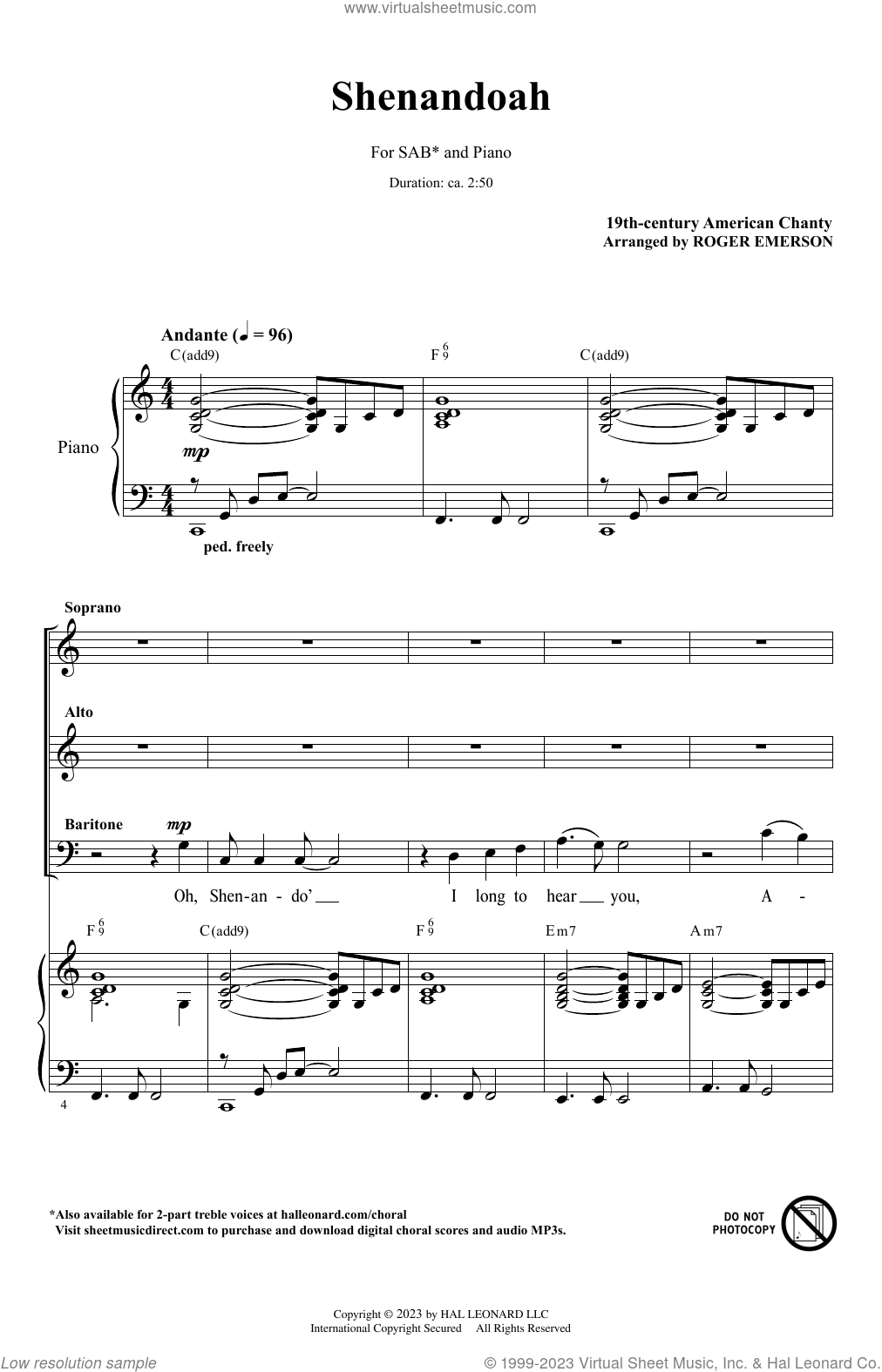 Shenandoah (arr. Roger Emerson) sheet music for choir (SAB: soprano ...