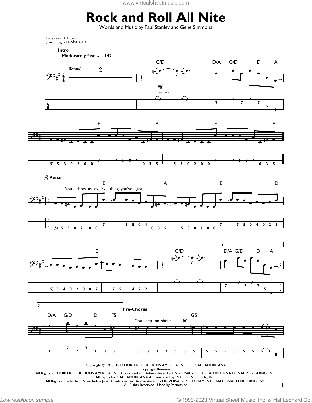 Rock And Roll All Nite sheet music for bass solo (PDF)