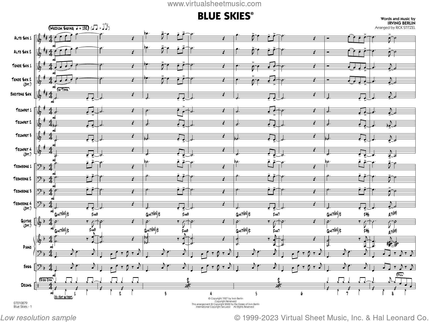 Blue Skies (arr. Rick Stitzel) Sheet Music (complete Collection) For ...