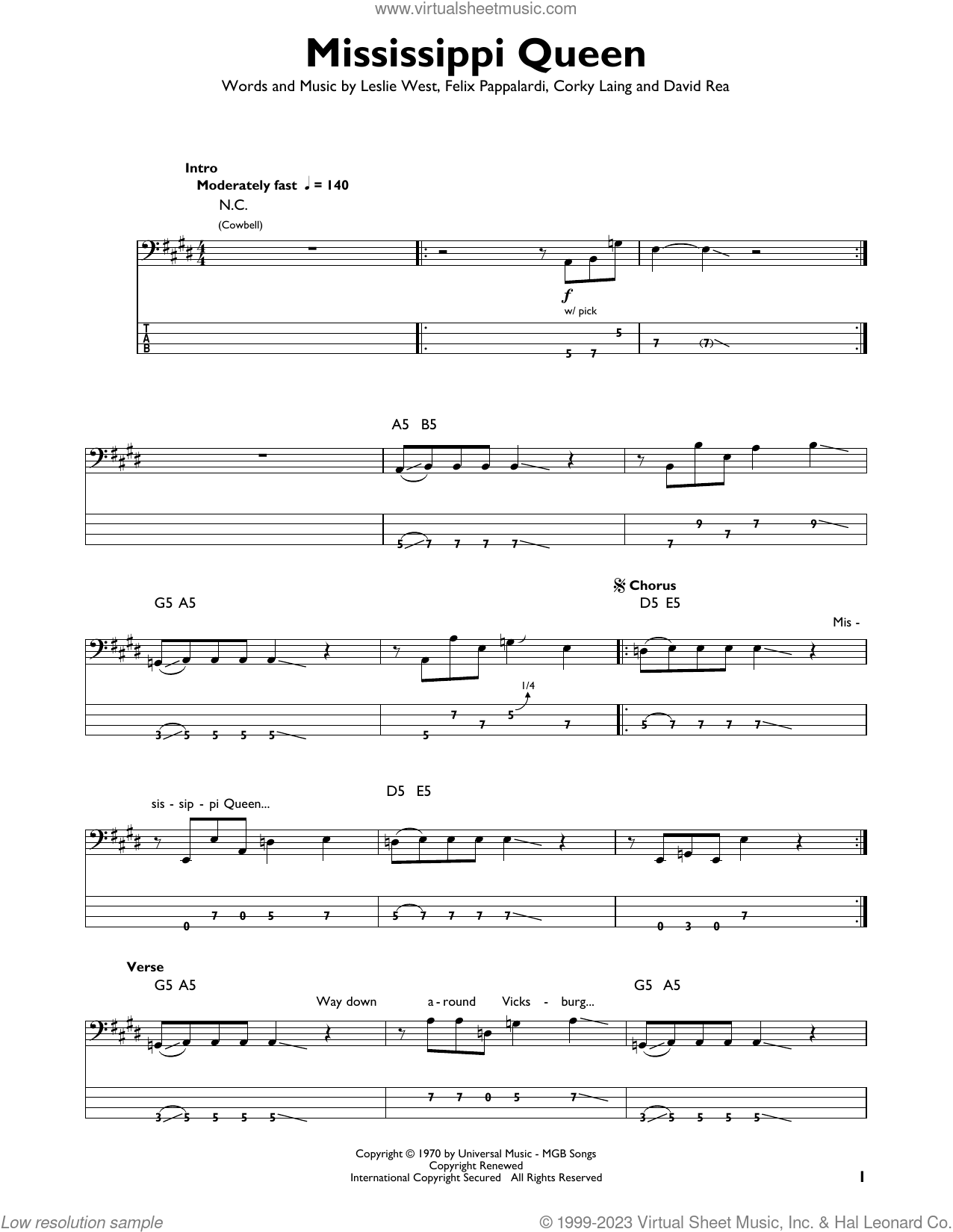 Mississippi Queen sheet music (easy) for guitar solo (easy tablature)