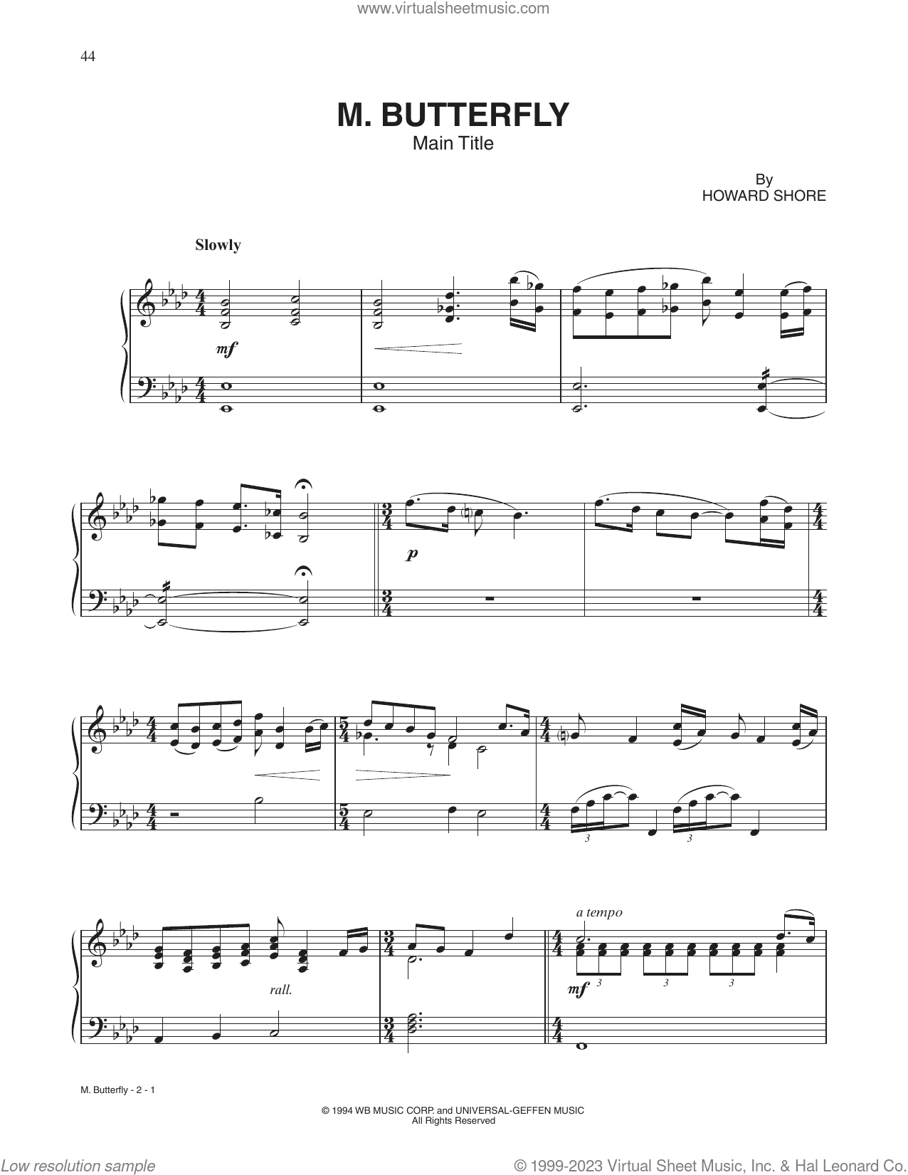 M. Butterfly (Main Title Theme) sheet music for piano solo (PDF)