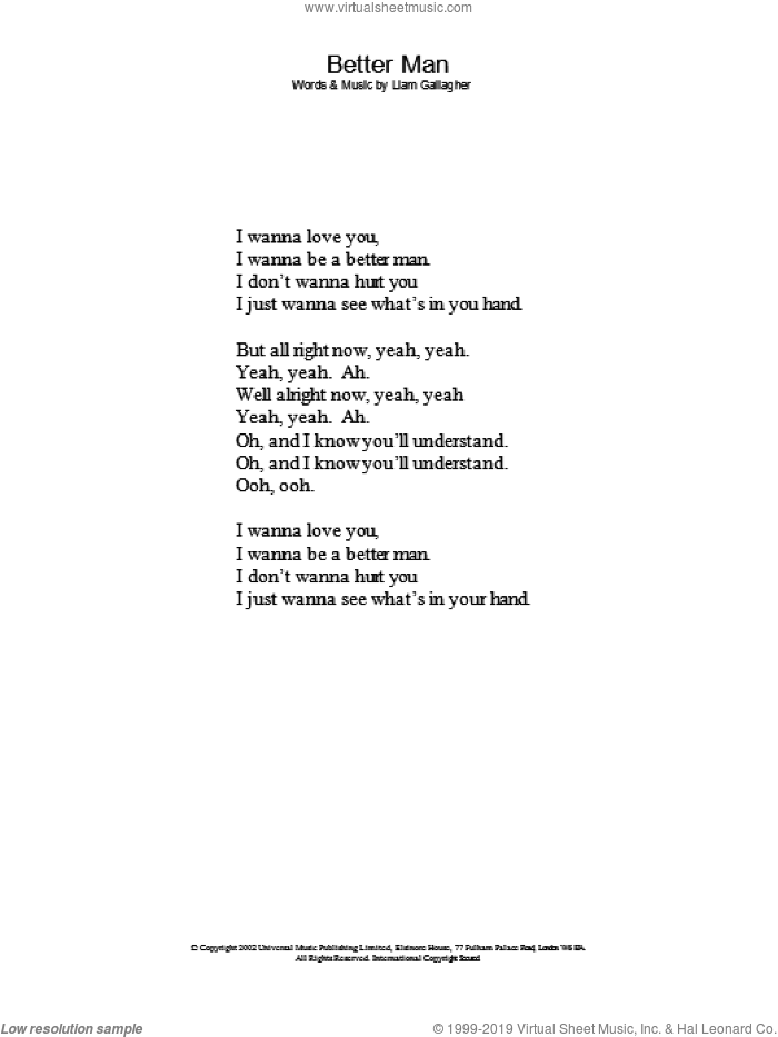 Oasis Better Man Sheet Music Lyrics Only Pdf