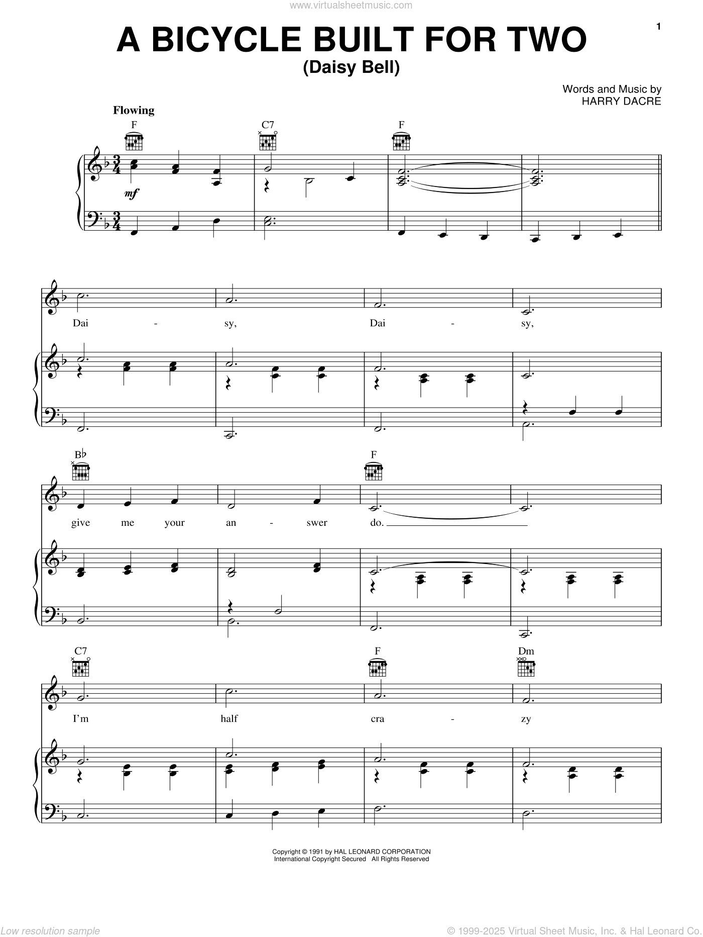 A Bicycle Built For Two (Daisy Bell) sheet music for voice, piano