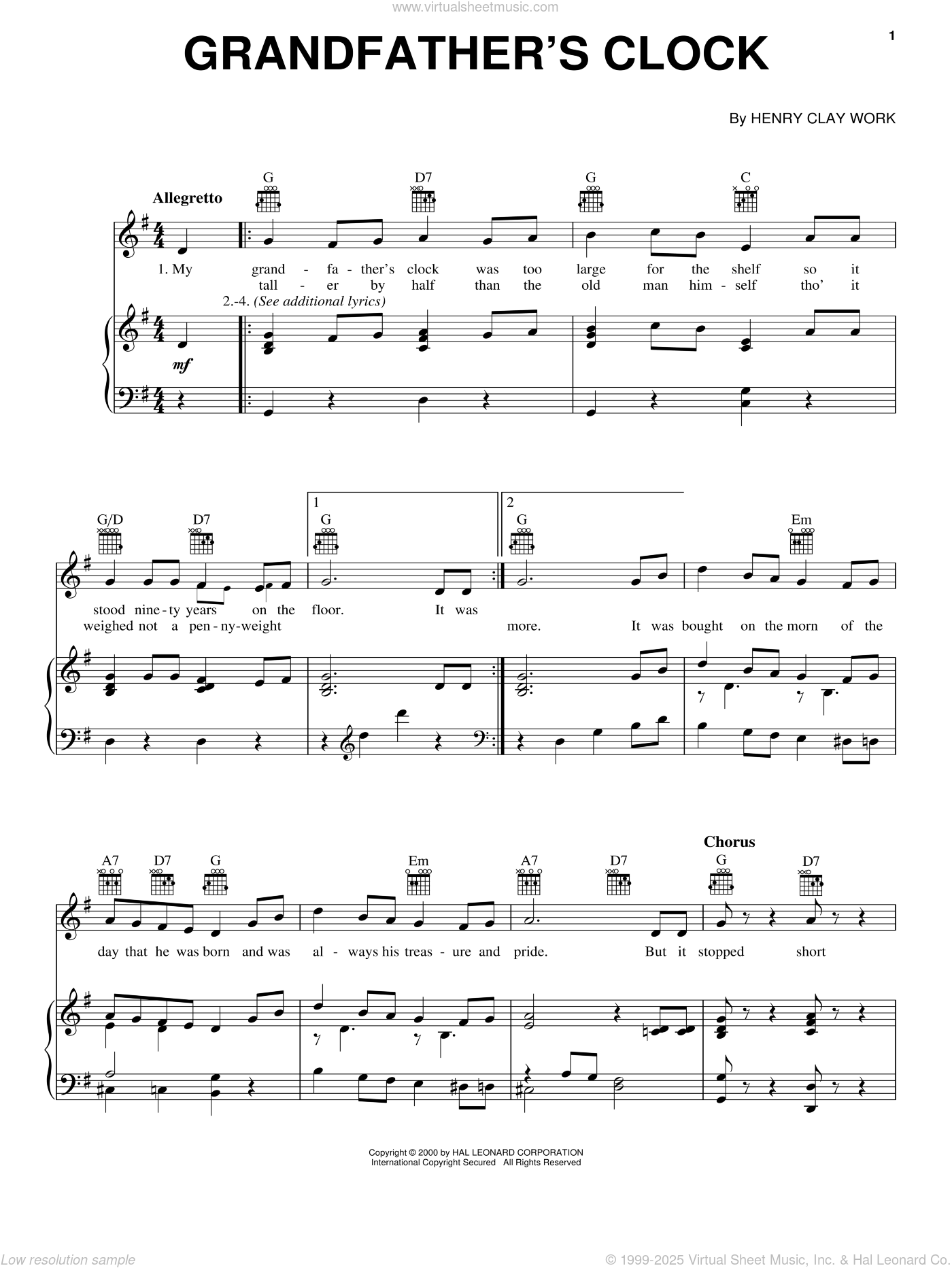 Grandfather's Clock sheet music for voice, piano or guitar (PDF)