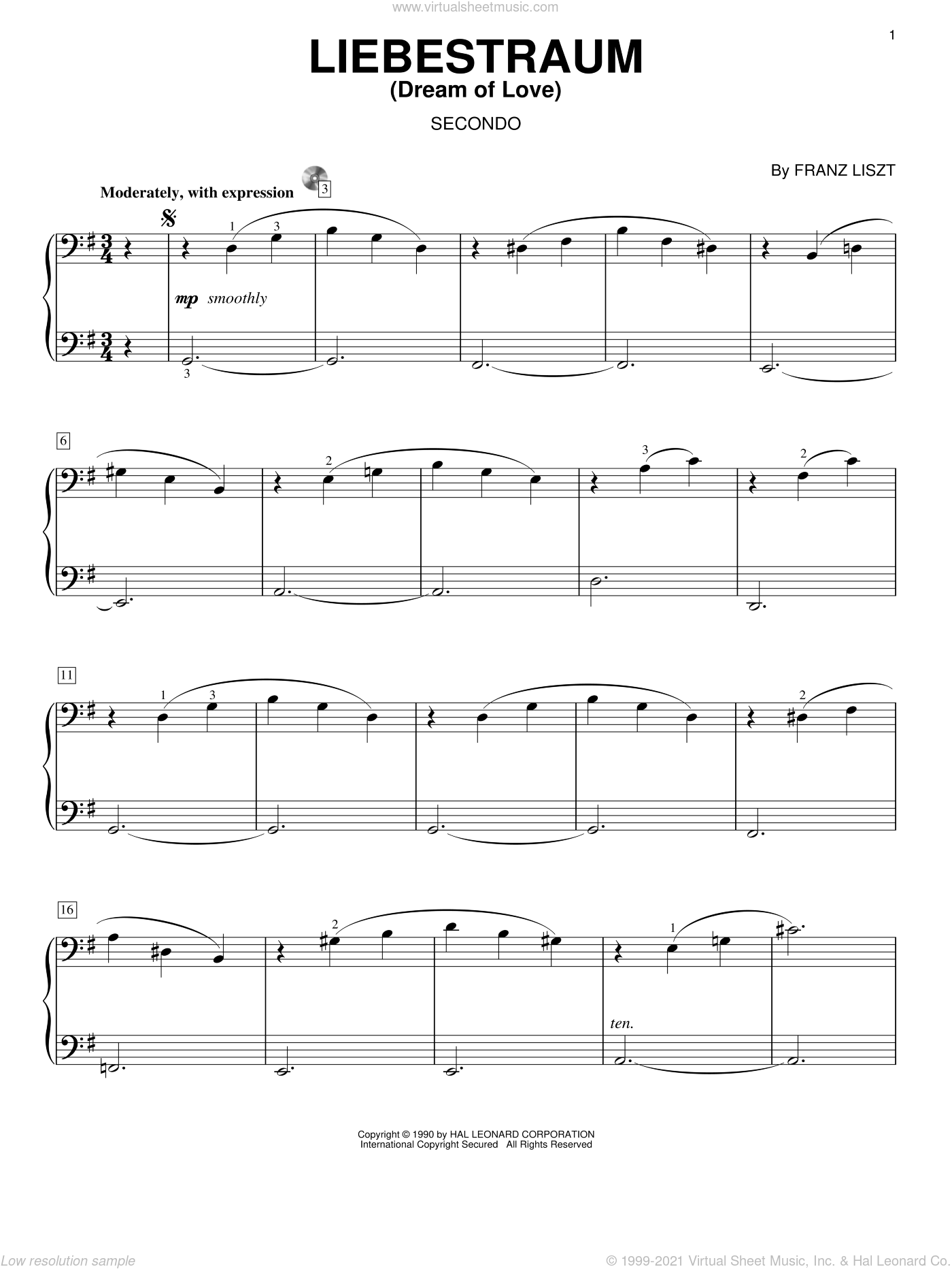 Liszt - Liebestraum (Dream Of Love) sheet music for piano four hands