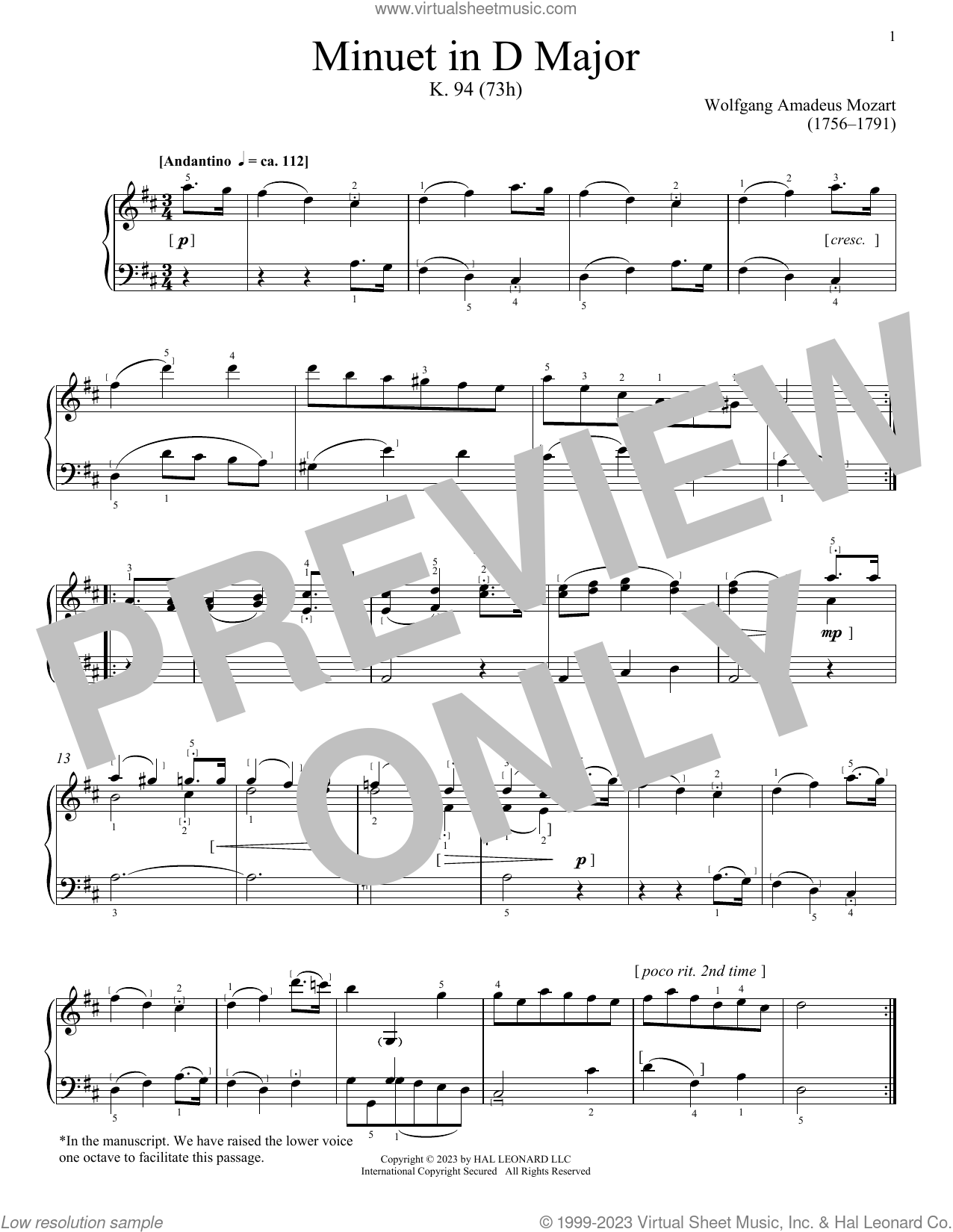 Minuet in D Major, K. 94 (73h) sheet music for piano solo (PDF)