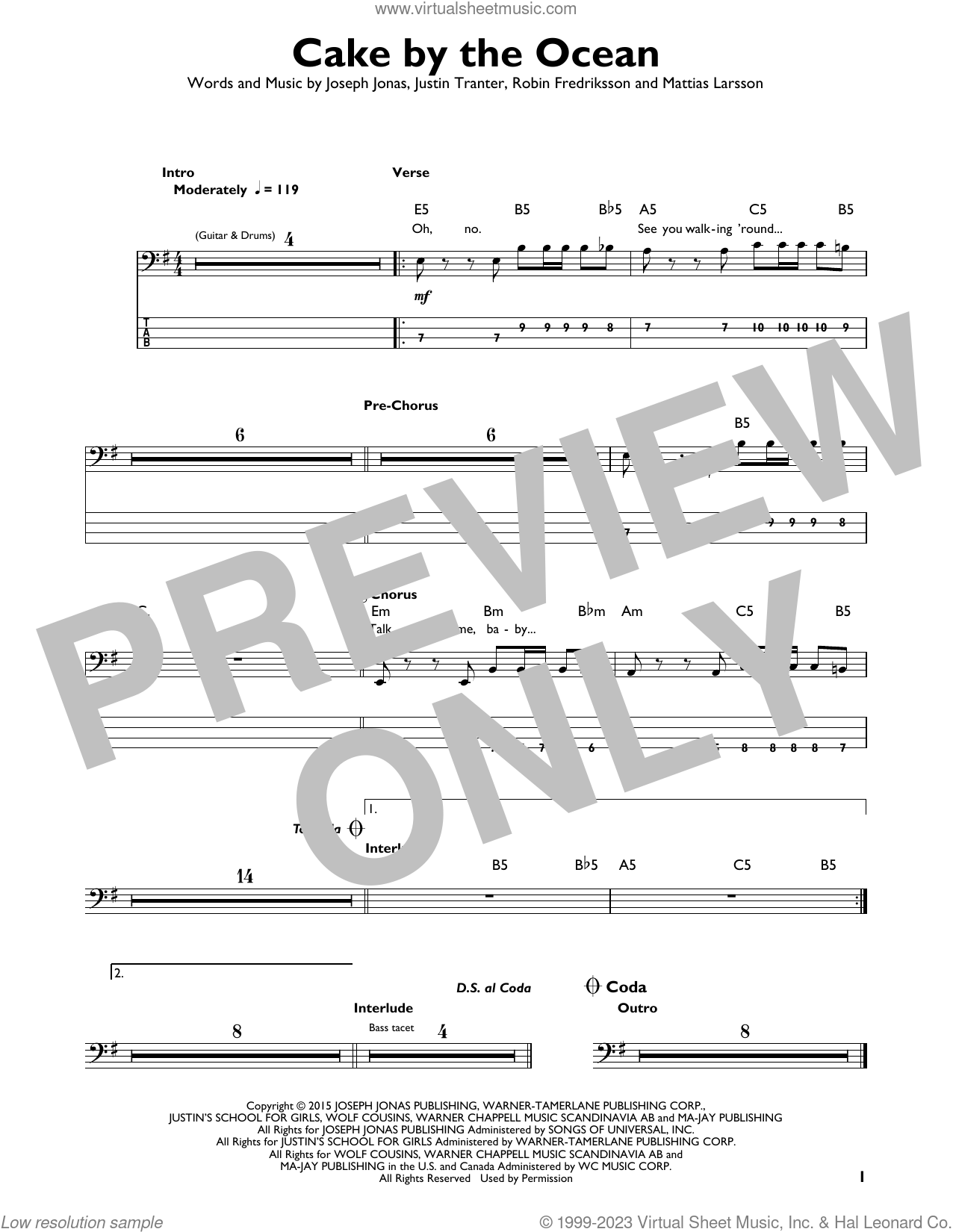DNCE Cake By The Ocean sheet music for bass solo (PDF)