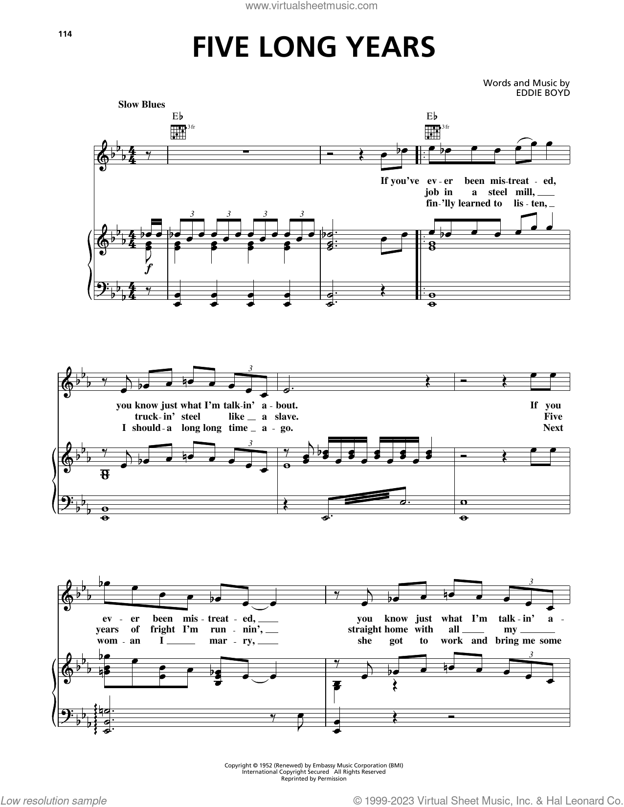 Five Long Years sheet music for voice, piano or guitar (PDF)