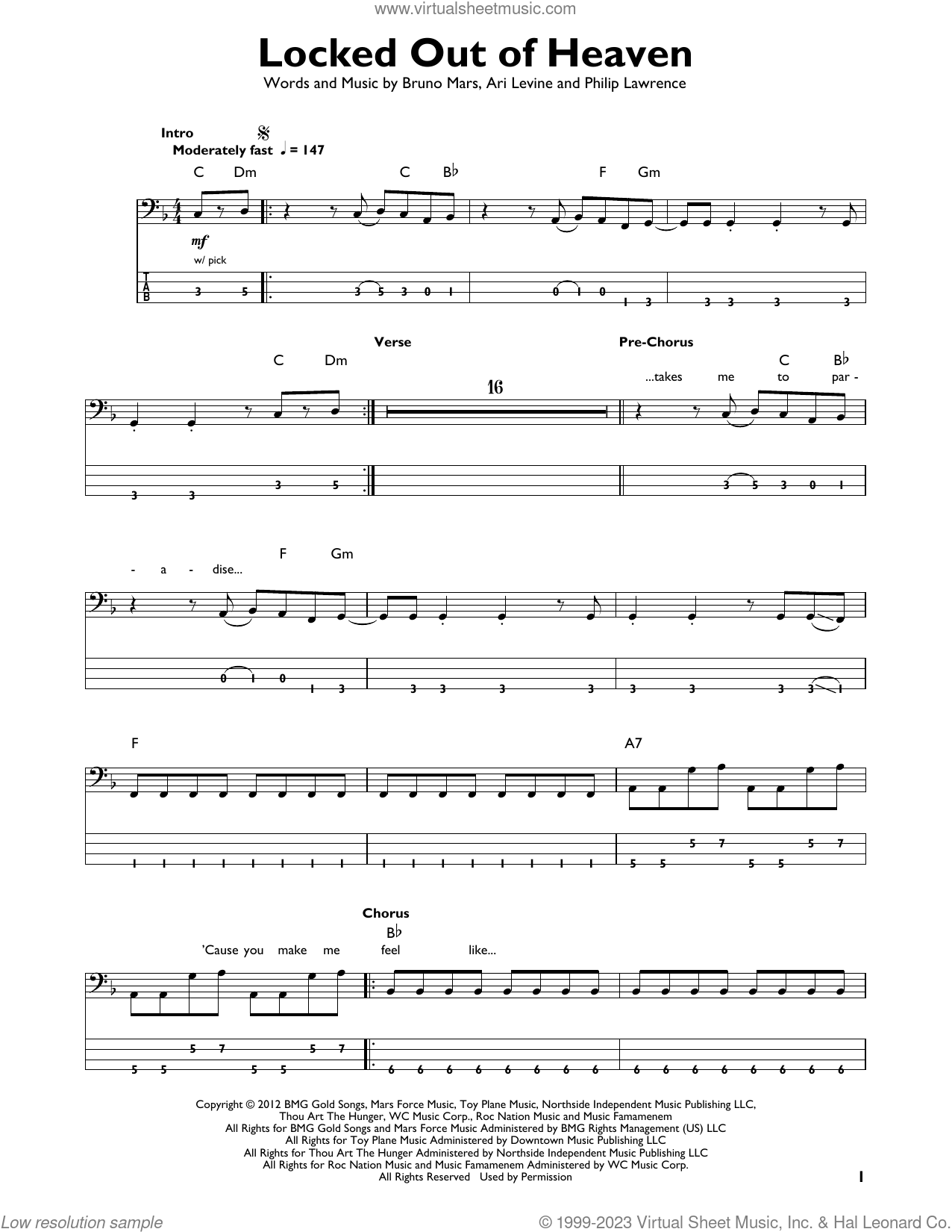 Locked Out Of Heaven sheet music for bass solo (PDF) v2