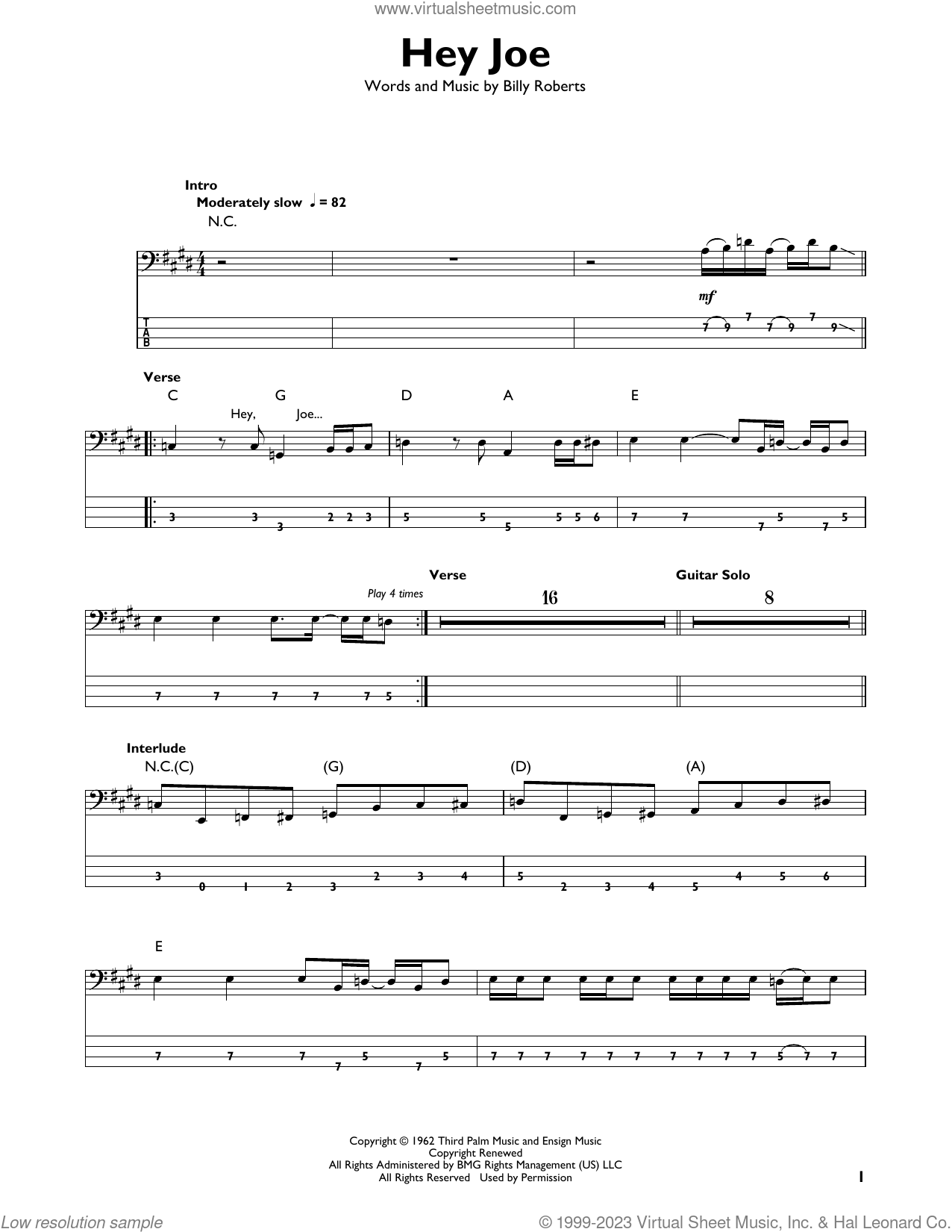 Jimi Hendrix Hey Joe sheet music for bass solo (PDF)