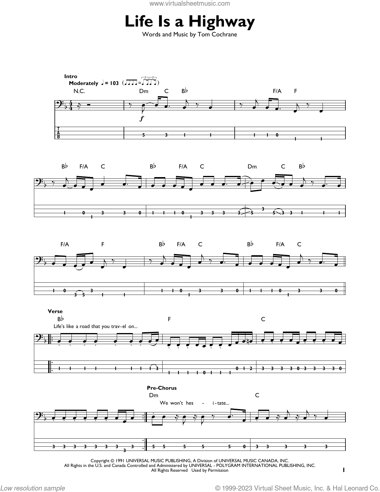 Life Is A Highway sheet music for bass solo (PDF)