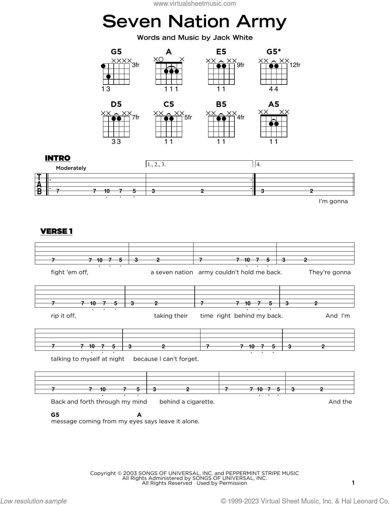 Seven Nation Army sheet music (beginner) for guitar solo (PDF)