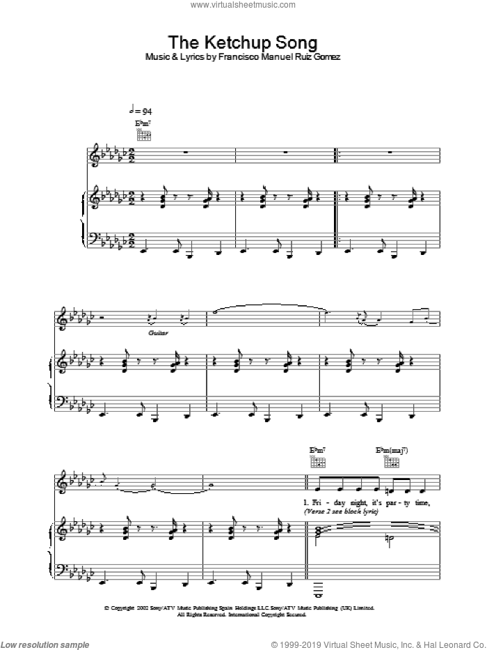 The Ketchup Song sheet music for voice, piano or guitar (PDF)