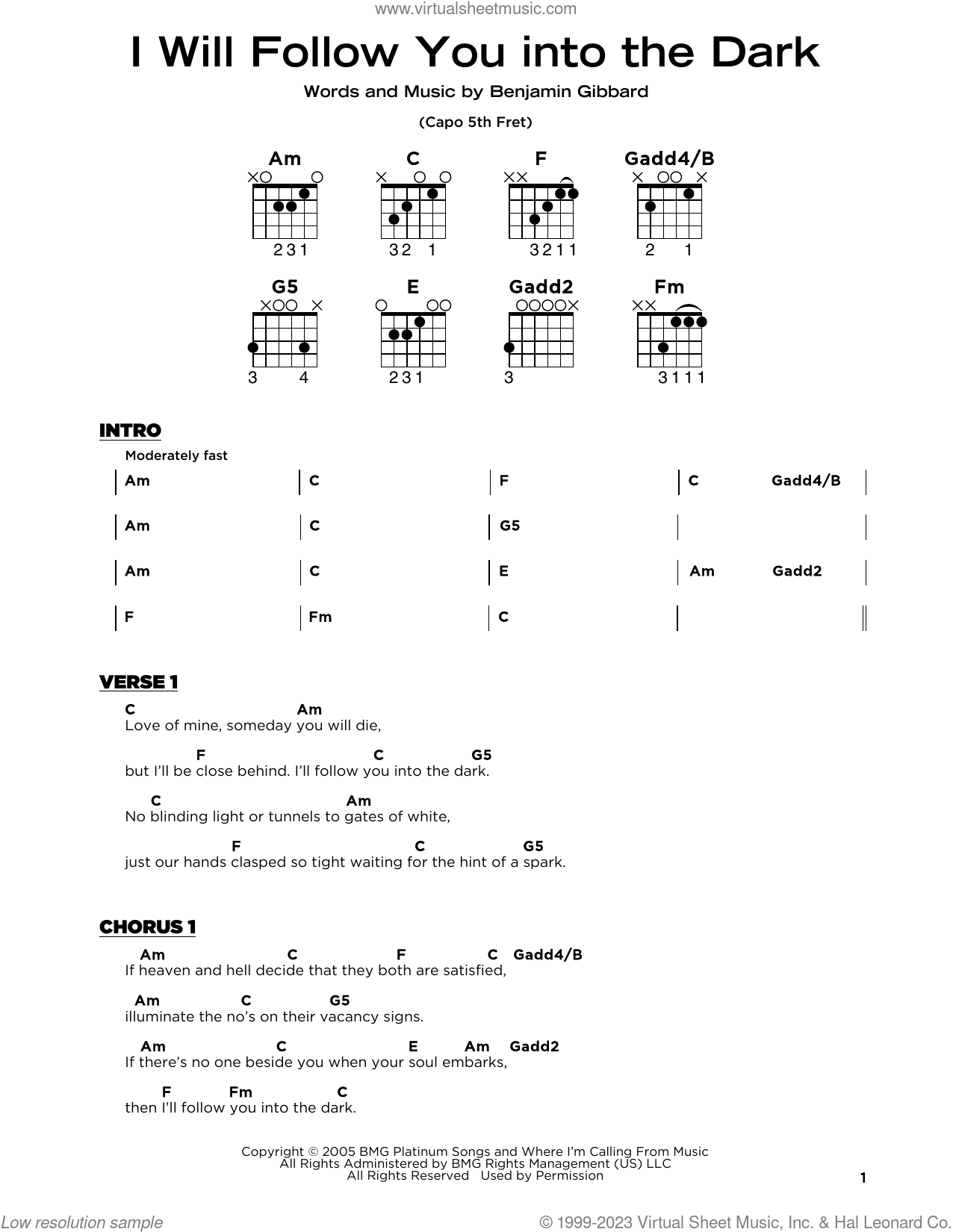 I Will Follow You Into The Dark Tabs I Will Follow You Into The Dark sheet music (beginner) for guitar solo