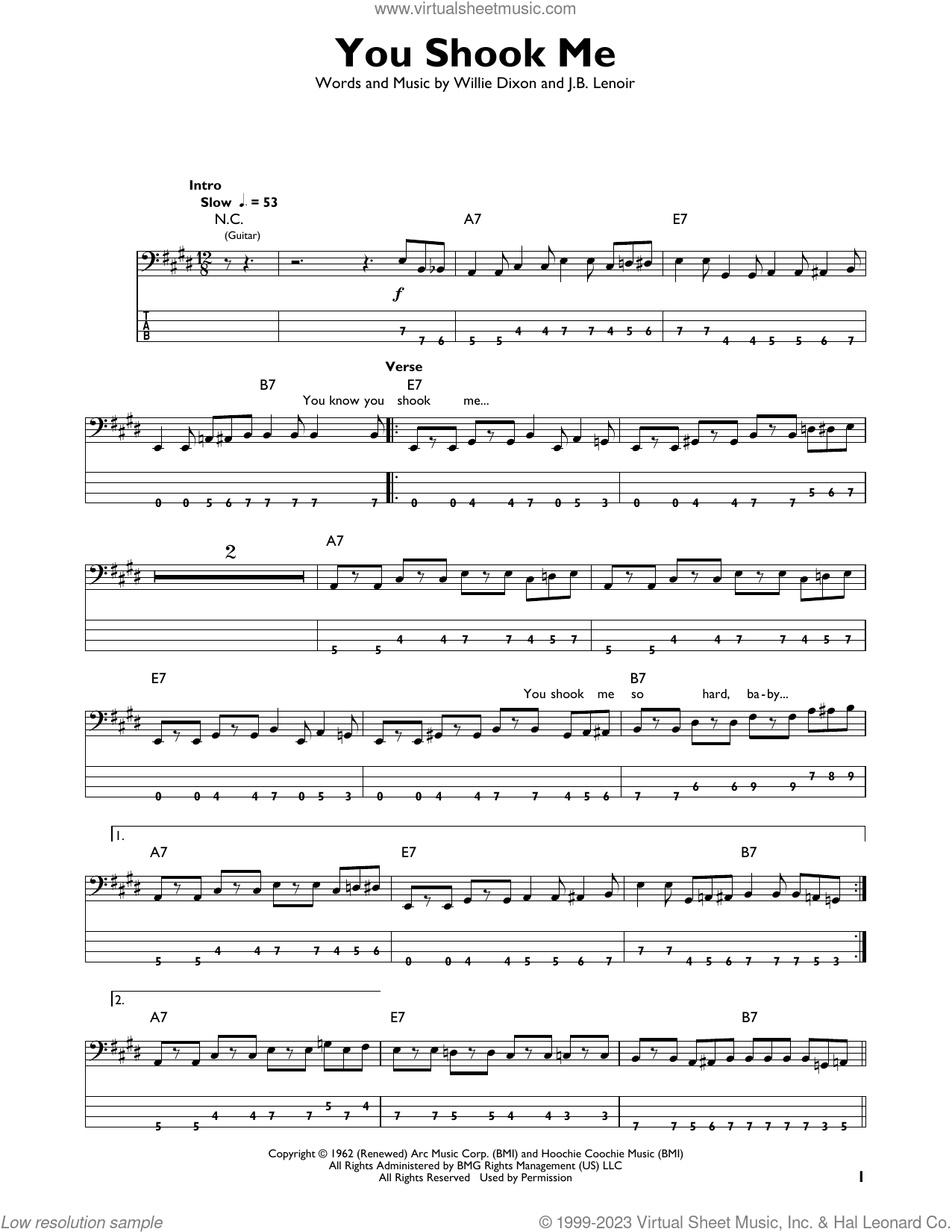 You Shook Me sheet music for bass solo (PDF)