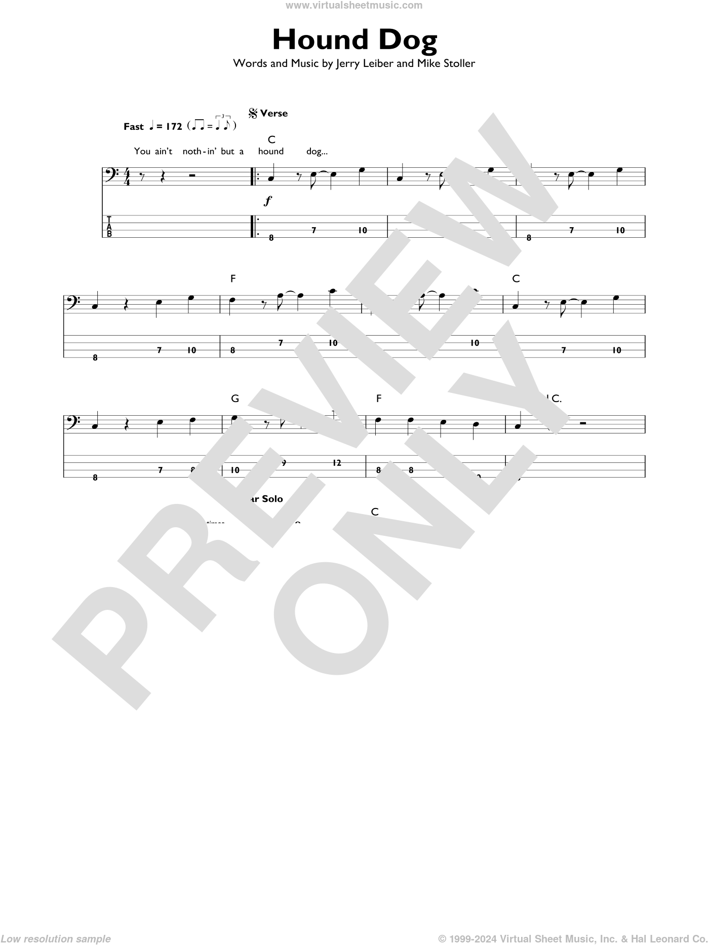 Hound Dog sheet music for bass solo (PDF)