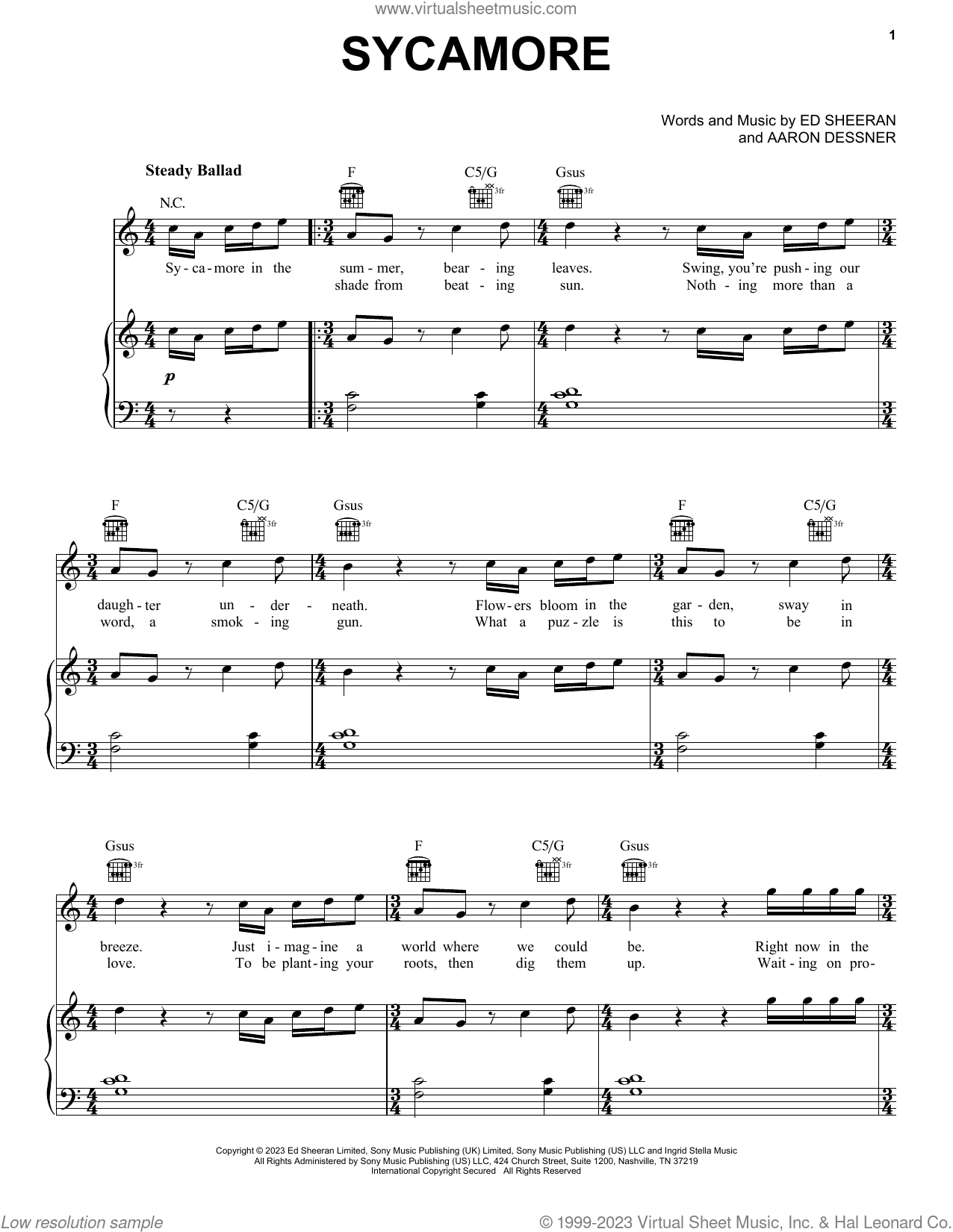 Sycamore Sheet Music For Voice, Piano Or Guitar (pdf-interactive)