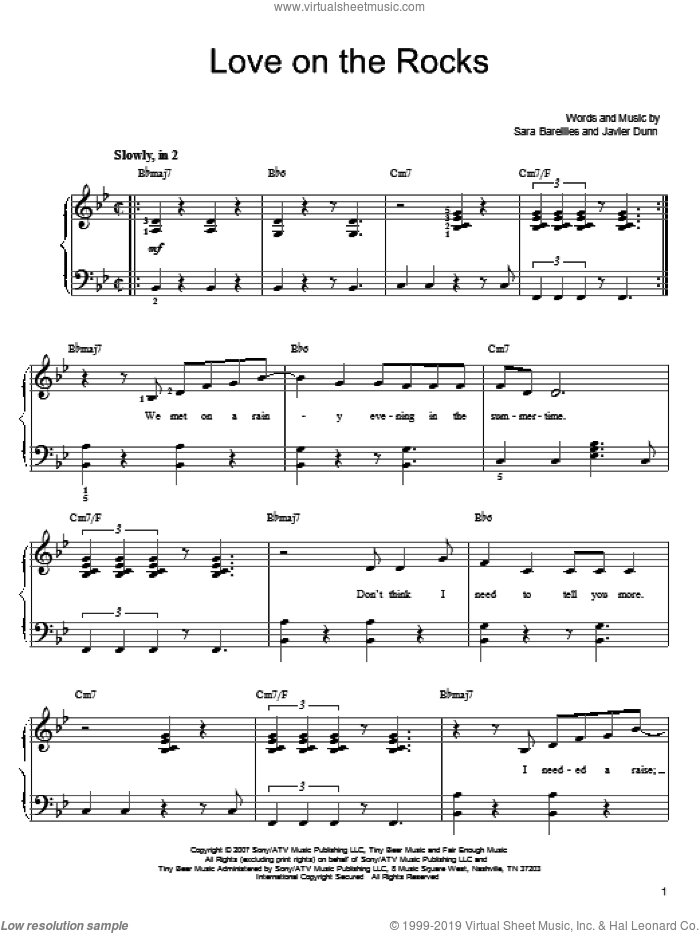 Bareilles Love On The Rocks Sheet Music For Piano Solo Pdf