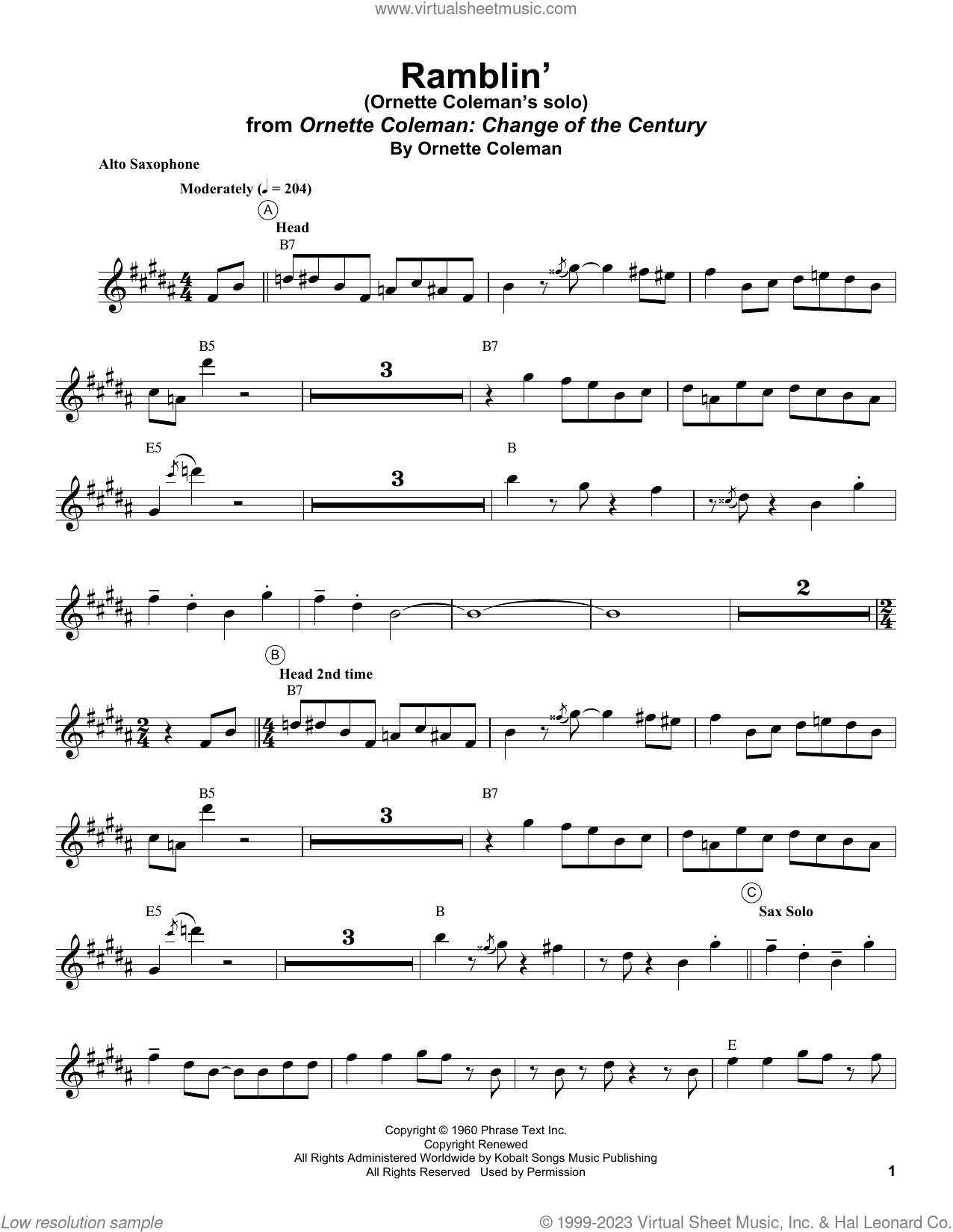 Ramblin Sheet Music For Alto Saxophone Transcription Pdf 