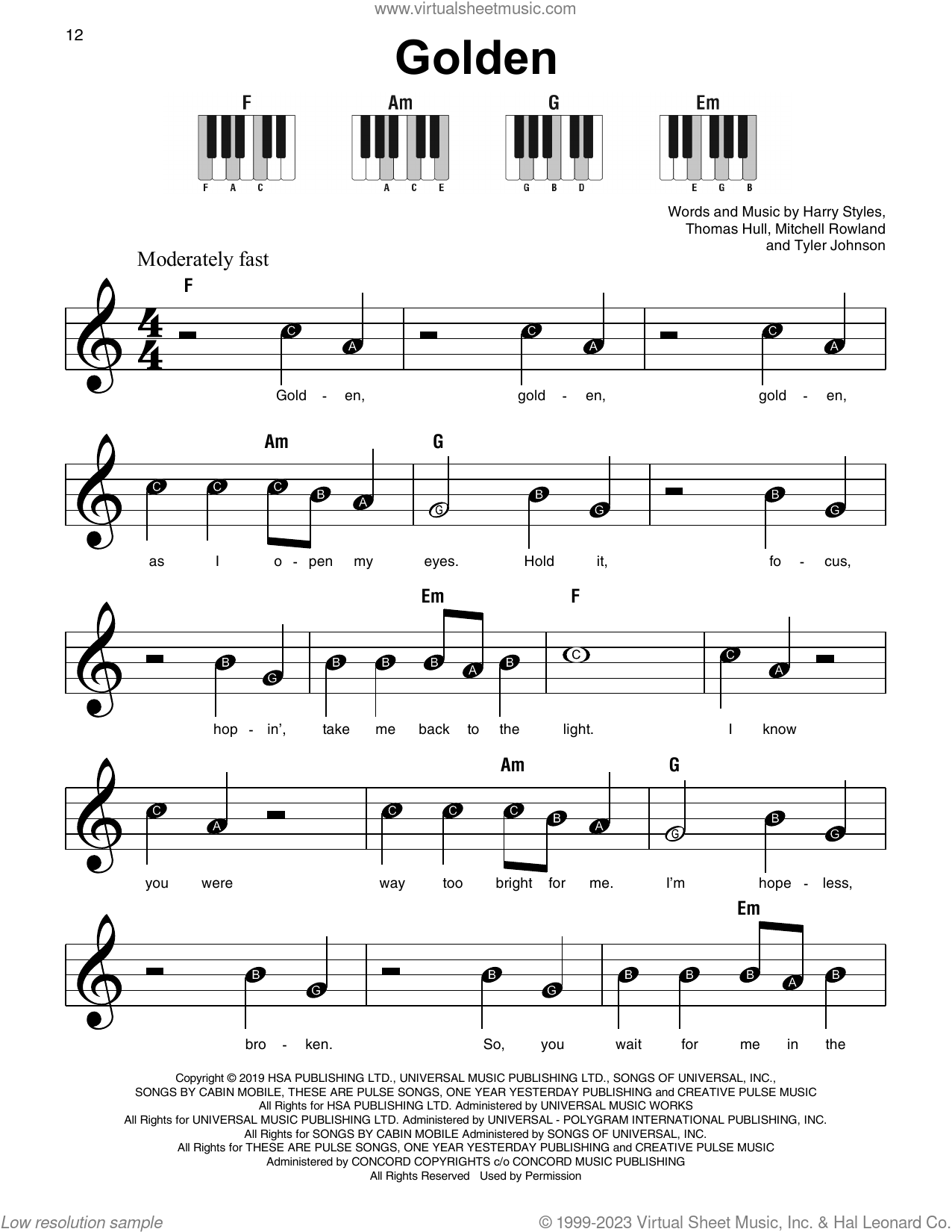 Golden, (beginner) sheet music for piano solo (PDF)