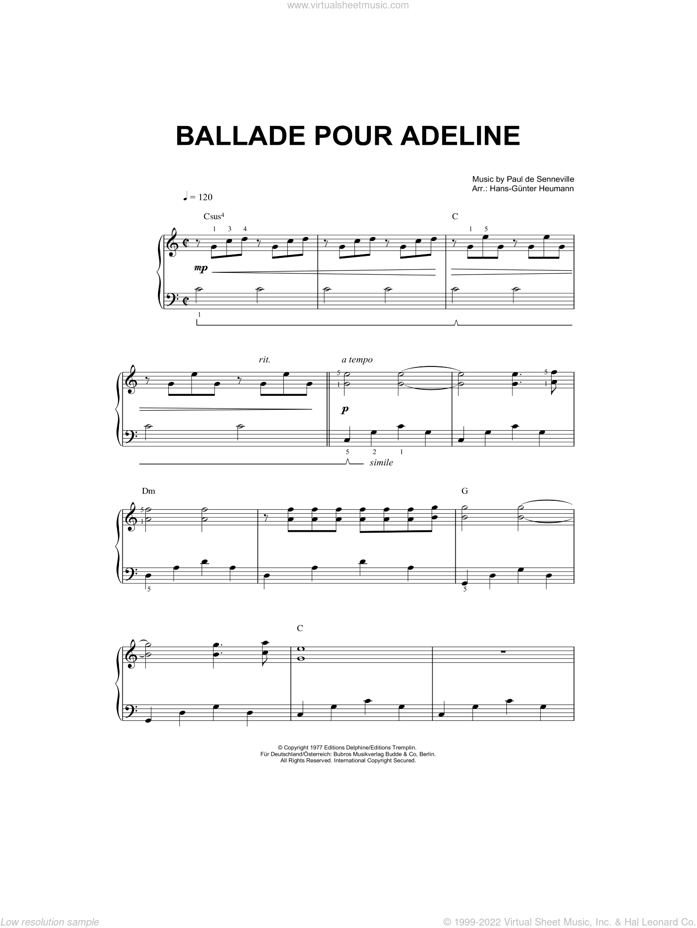 Clayderman Ballade Pour Adeline Sheet Music For Piano Solo