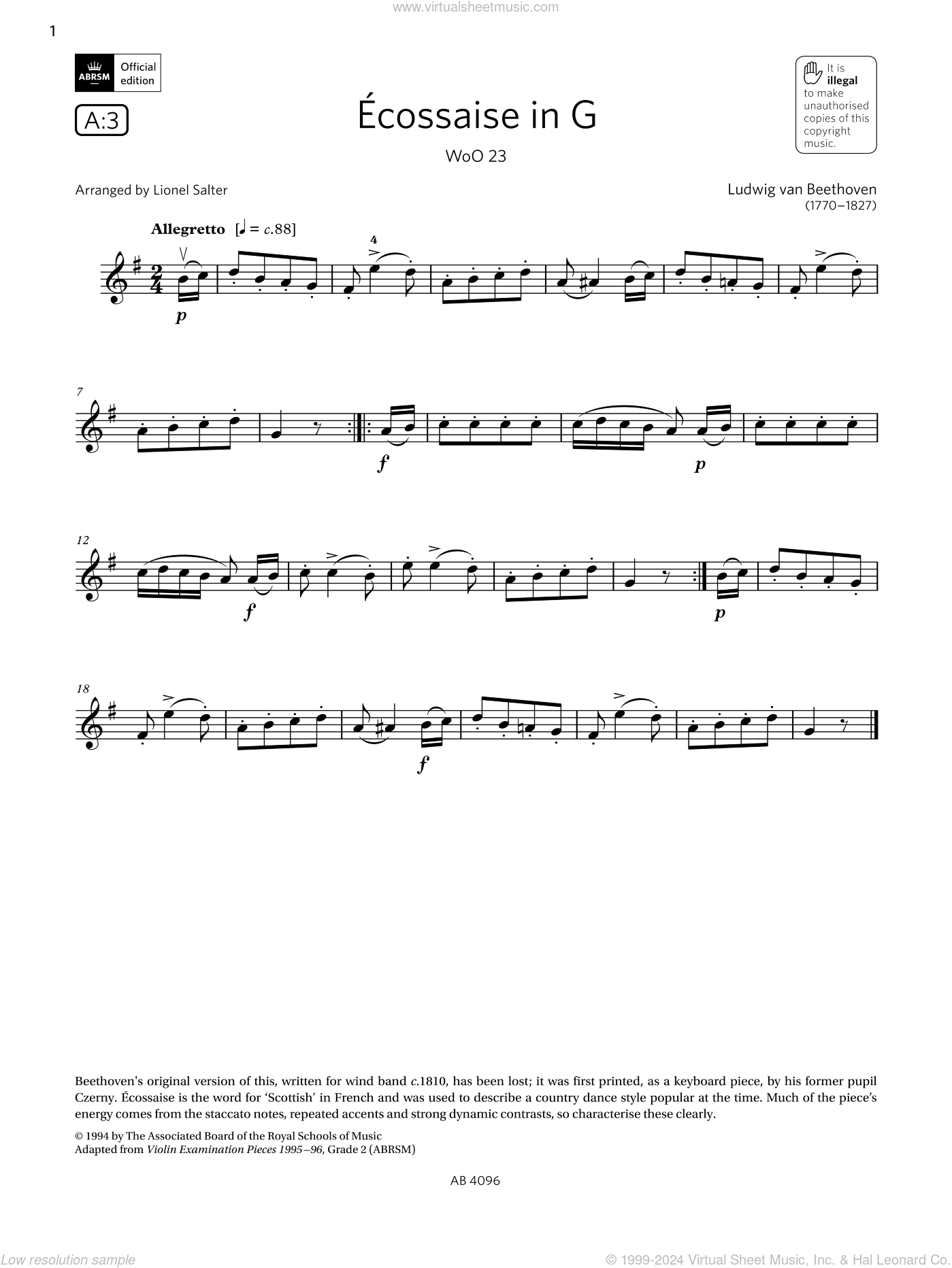 Ecossaise in G, WoO 23 (Grade 2, A3, from the ABRSM Violin Syllabus